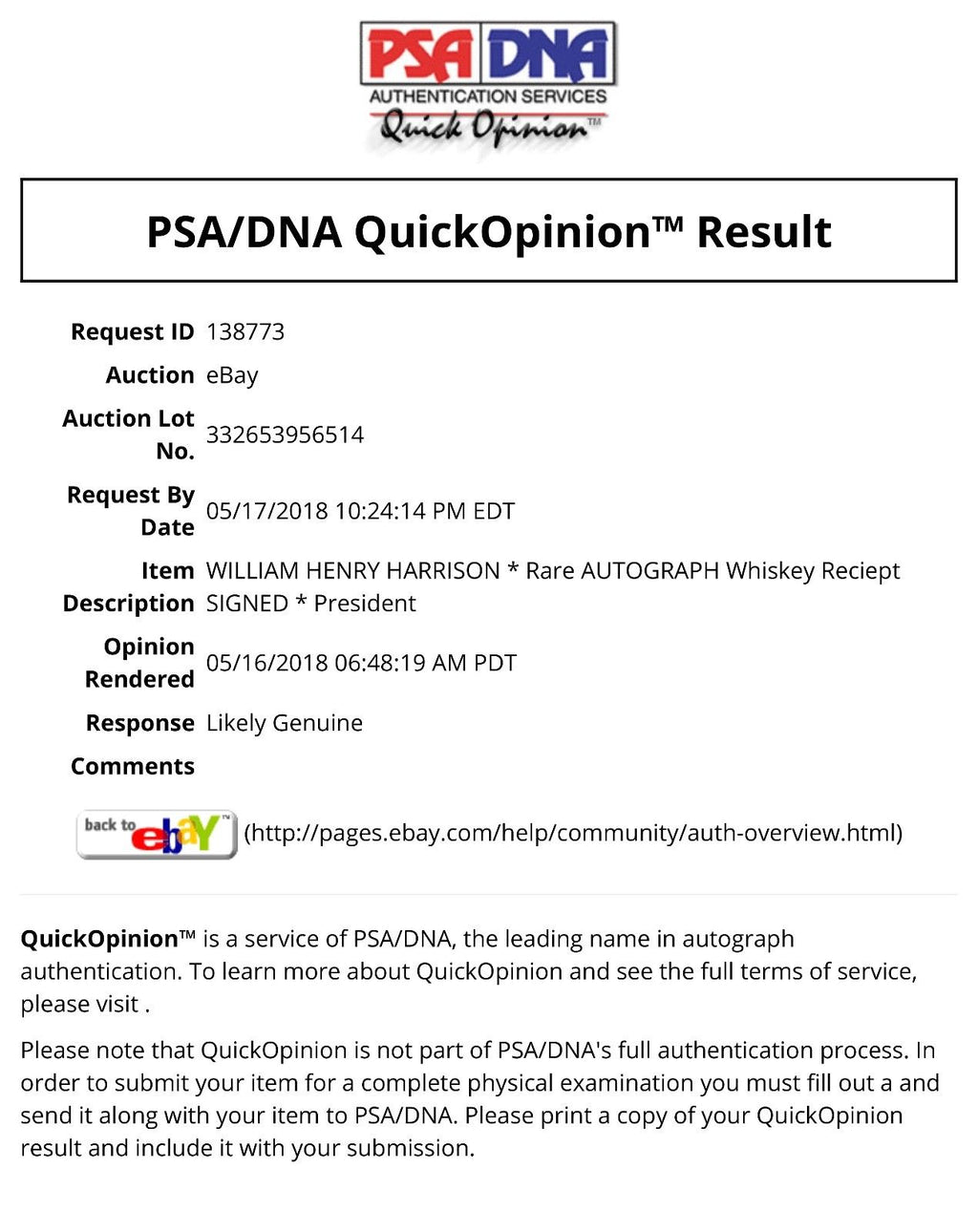 WILLIAM HENRY HARRISON * PSA/DNA * Rare AUTOGRAPH Whiskey Receipt SIGNED