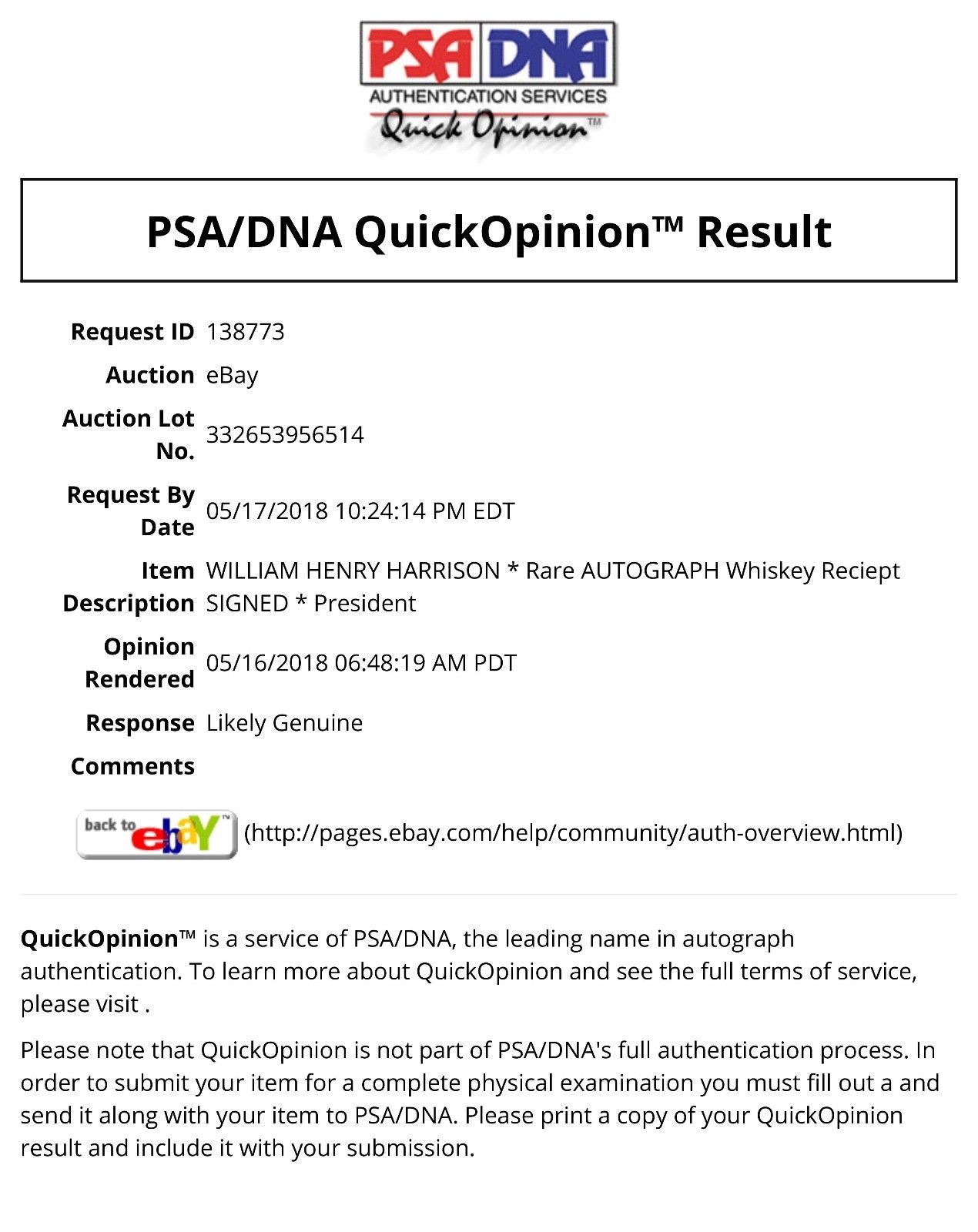 WILLIAM HENRY HARRISON * PSA/DNA * Rare AUTOGRAPH Whiskey Receipt SIGNED