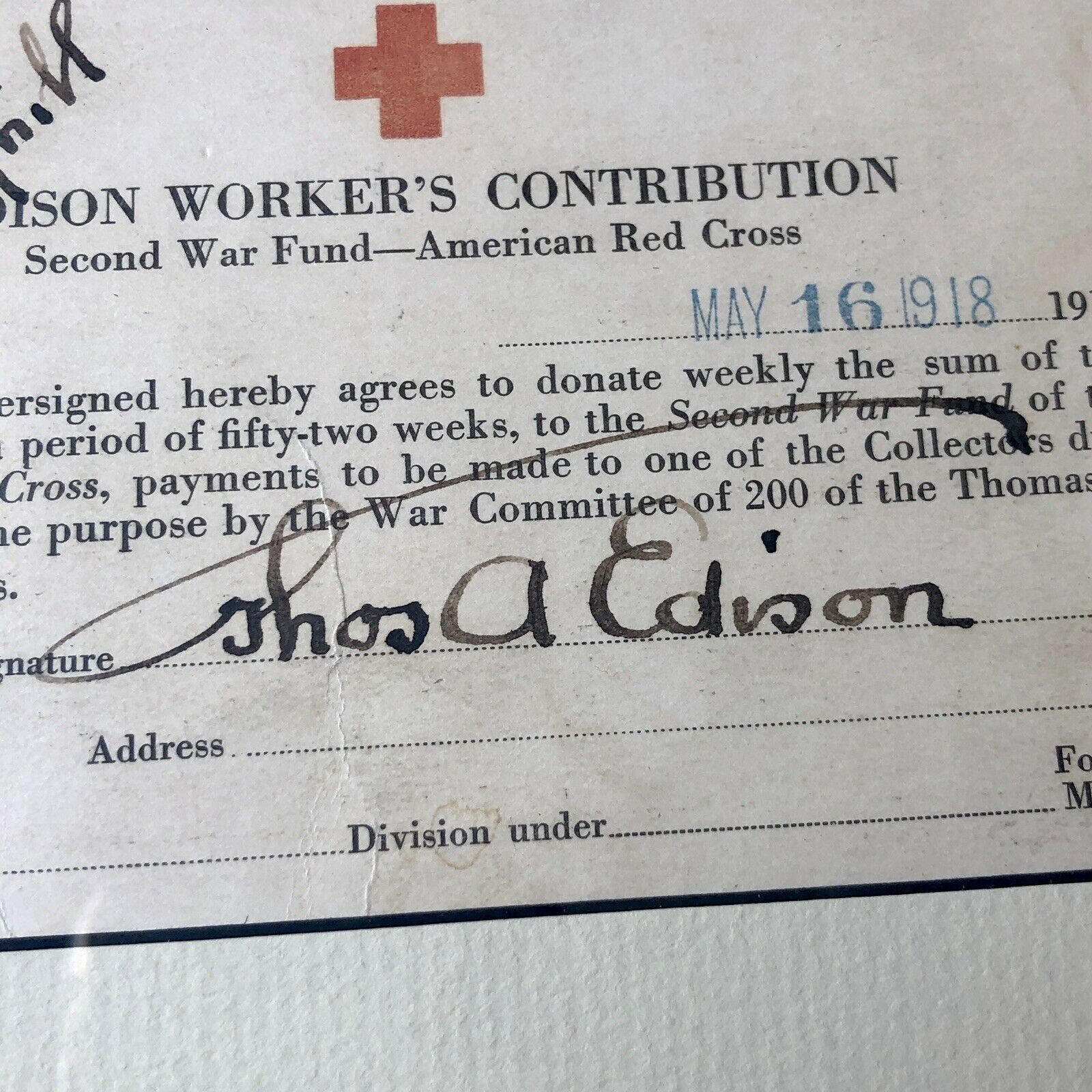 THOMAS EDISON * JSA LOA * Hand Signed Autograph Red Cross WWI Fund Card *