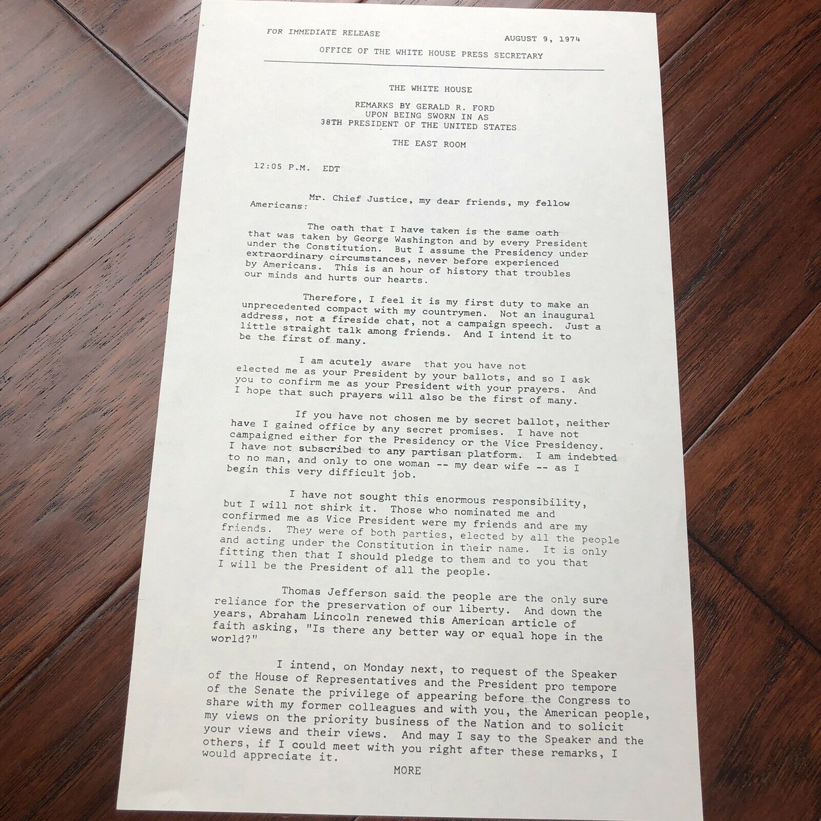 GERALD FORD * JSA LOA * Inauguration Speech Autograph Typescript Signed