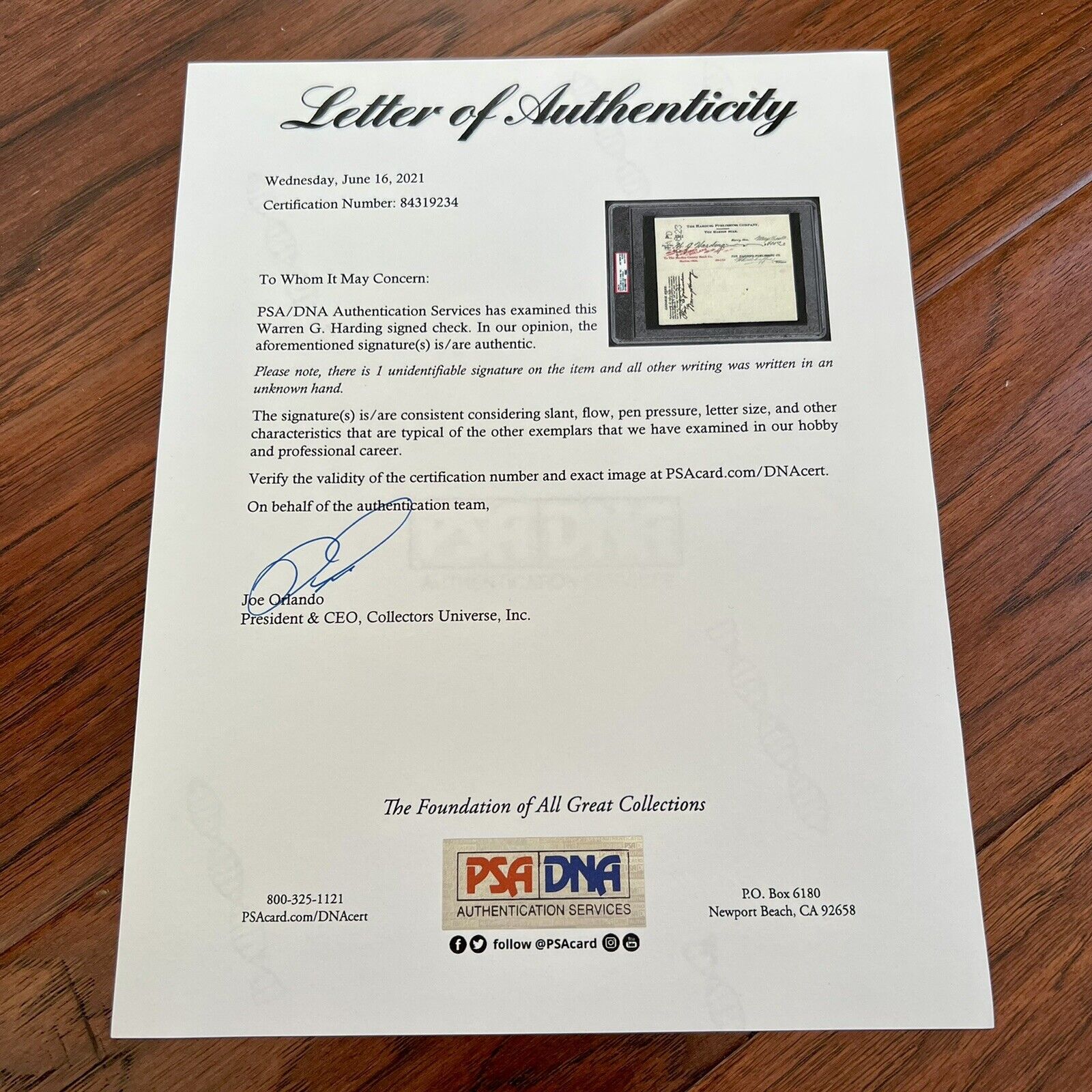 WARREN G. HARDING * PSA/DNA * Check Signed AS PRESIDENT Autograph Slabbed