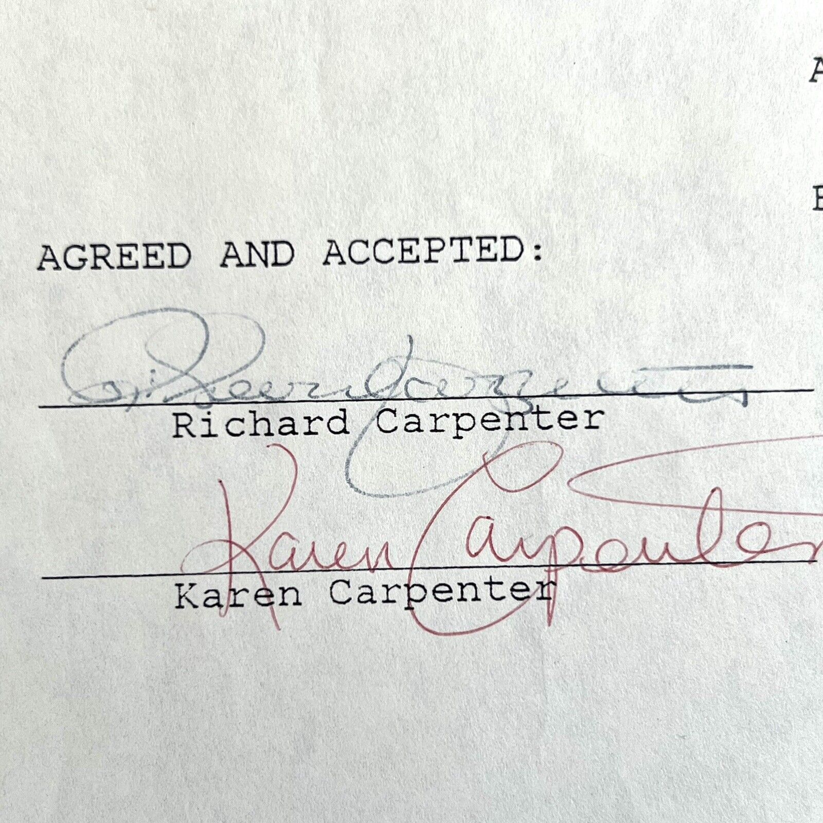THE CARPENTERS * JSA * Karen & Richard AUTOGRAPH Duo * MUSIC CONTRACT * Signed