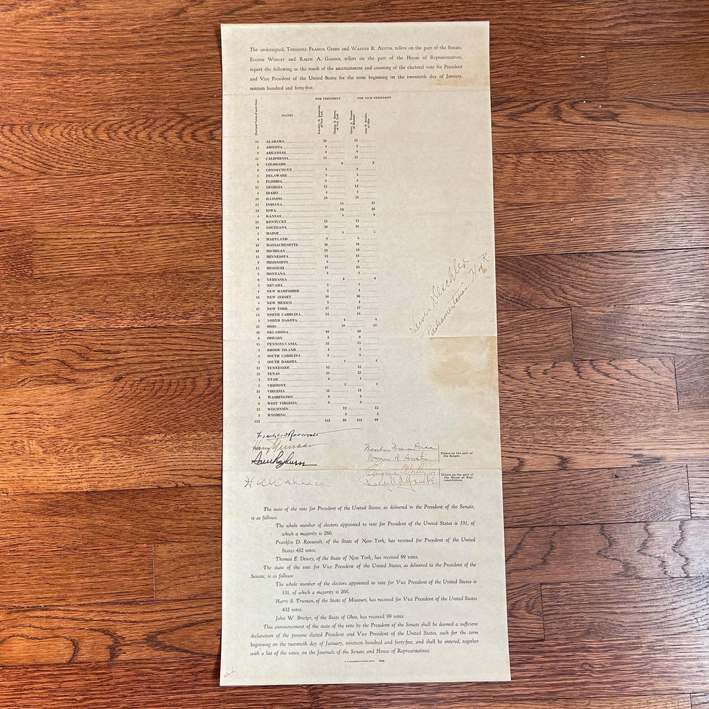 FRANKLIN D ROOSEVELT & HARRY TRUMAN * Signed Electoral Senate Vote Autograph JSA