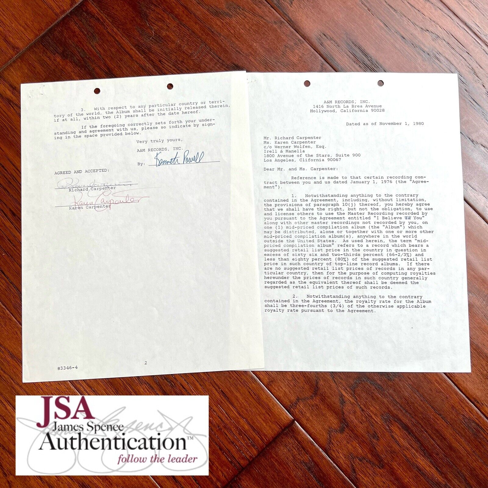 THE CARPENTERS * JSA * Karen & Richard AUTOGRAPH Duo * MUSIC CONTRACT * Signed