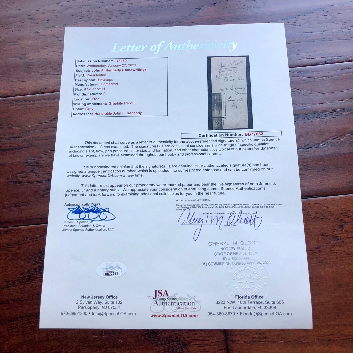 JOHN F. KENNEDY * JSA LOA * Handwritten Annotated Envelope * No Autograph Signed