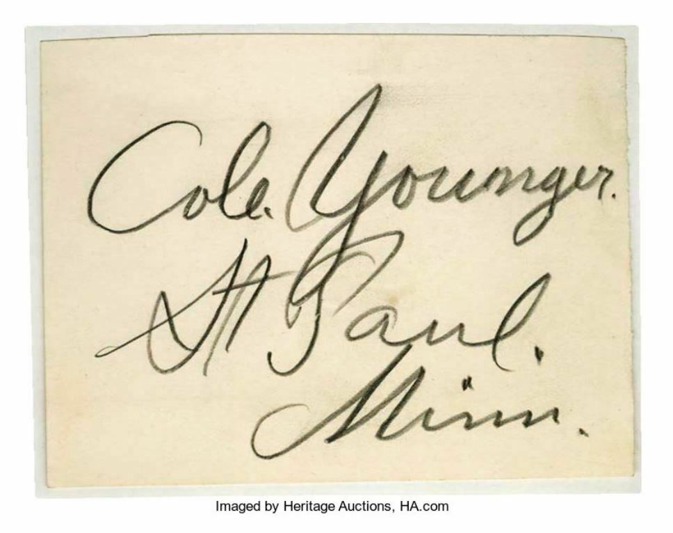 COLE YOUNGER * JSA LOA * Autograph Card Signed * Jesse James Gang Outlaw