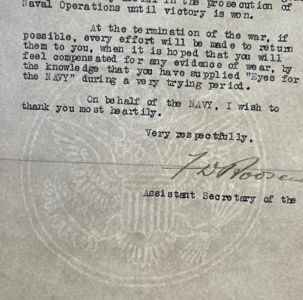 FRANKLIN D. ROOSEVELT * JSA * Autograph Signed Letter for Binoculars Used in WWI