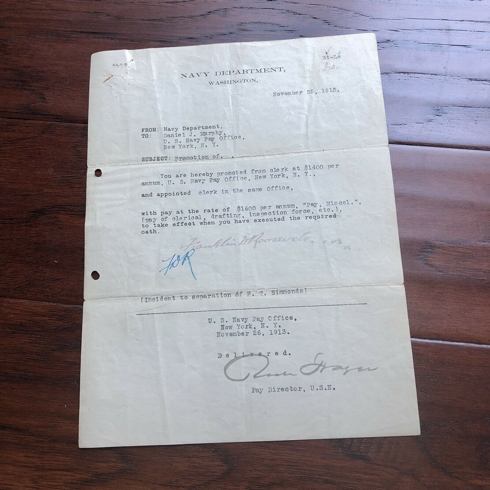 FRANKLIN D. ROOSEVELT * JSA LOA * Hand Signed 1913 Navy Document Autograph * FDR