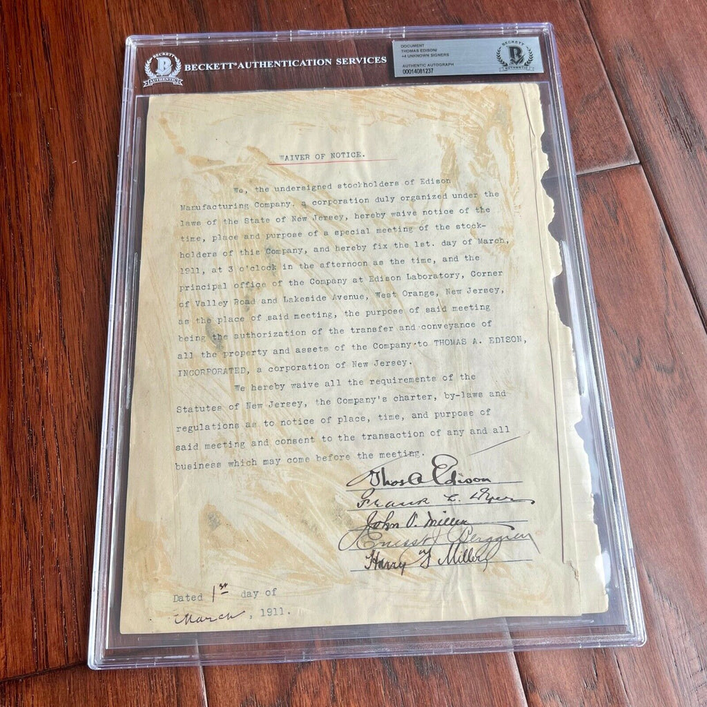THOMAS EDISON * BECKETT BAS* AUTOGRAPH Company Transfer Corporate Minutes SIGNED