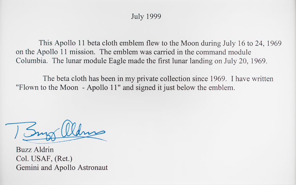 BUZZ ALDRIN * Apollo 11 Flown Signed Beta Cloth * Aldrin Personal Collection