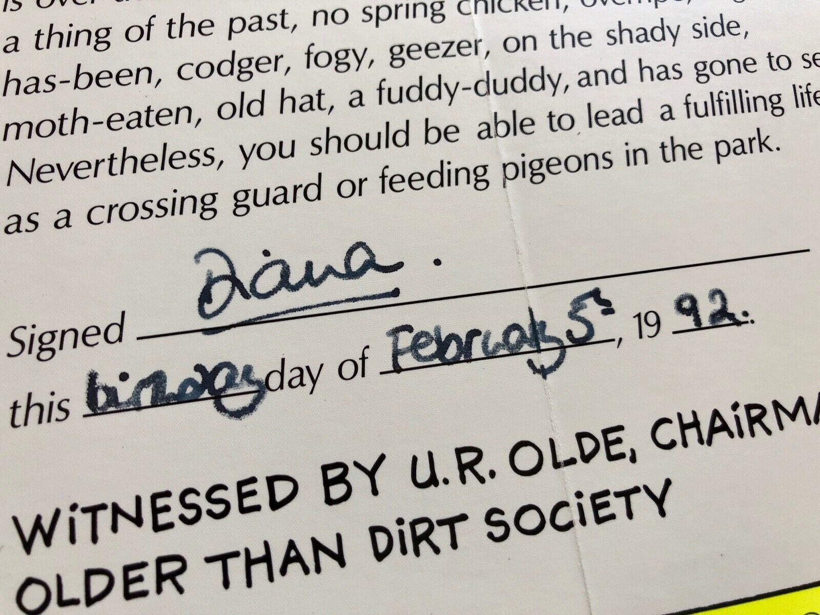 Princess DIANA * BAS * "Past Your Prime" AUTOGRAPH Birthday Certificate SIGNED