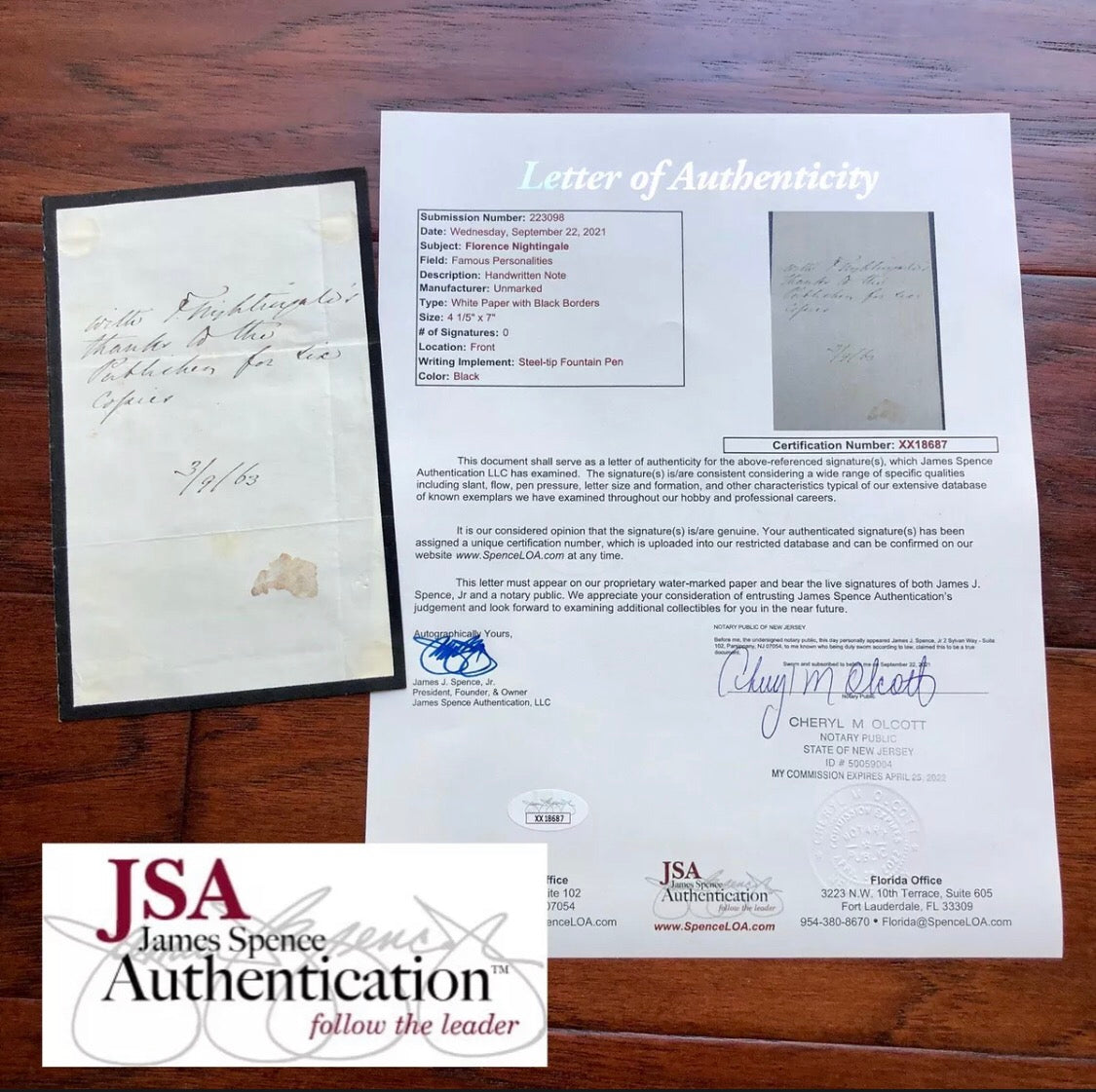 FLORENCE NIGHTINGALE * JSA LOA * Hand Signed Note Autograph * Crimean War Nurse