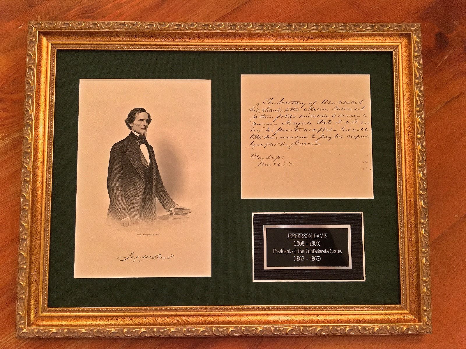 Confederate President  JEFFERSON DAVIS Autograph Letter Signed as Sectretary War