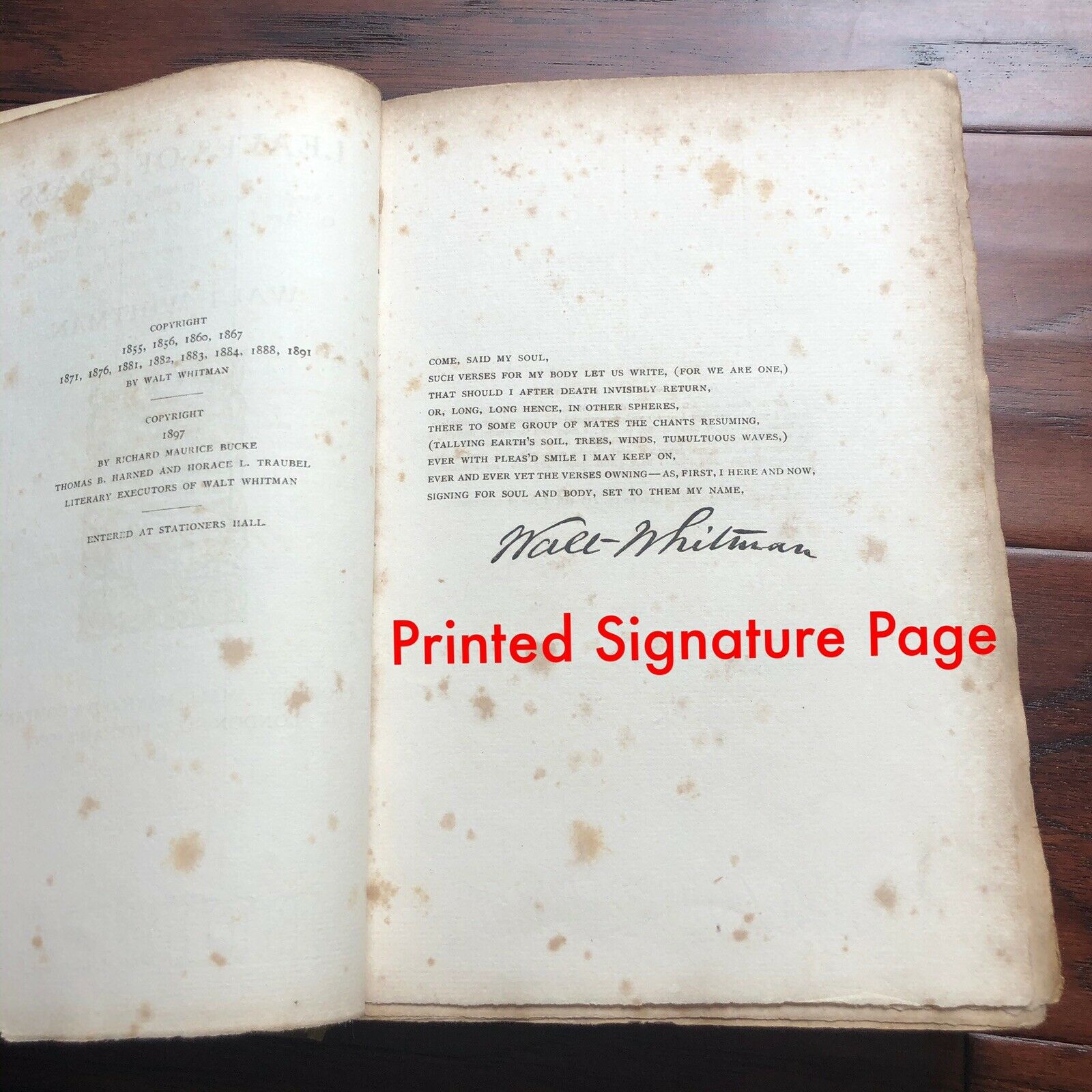 WALT WHITMAN * JSA LOA * Leaves Of Grass Autograph Book Signed