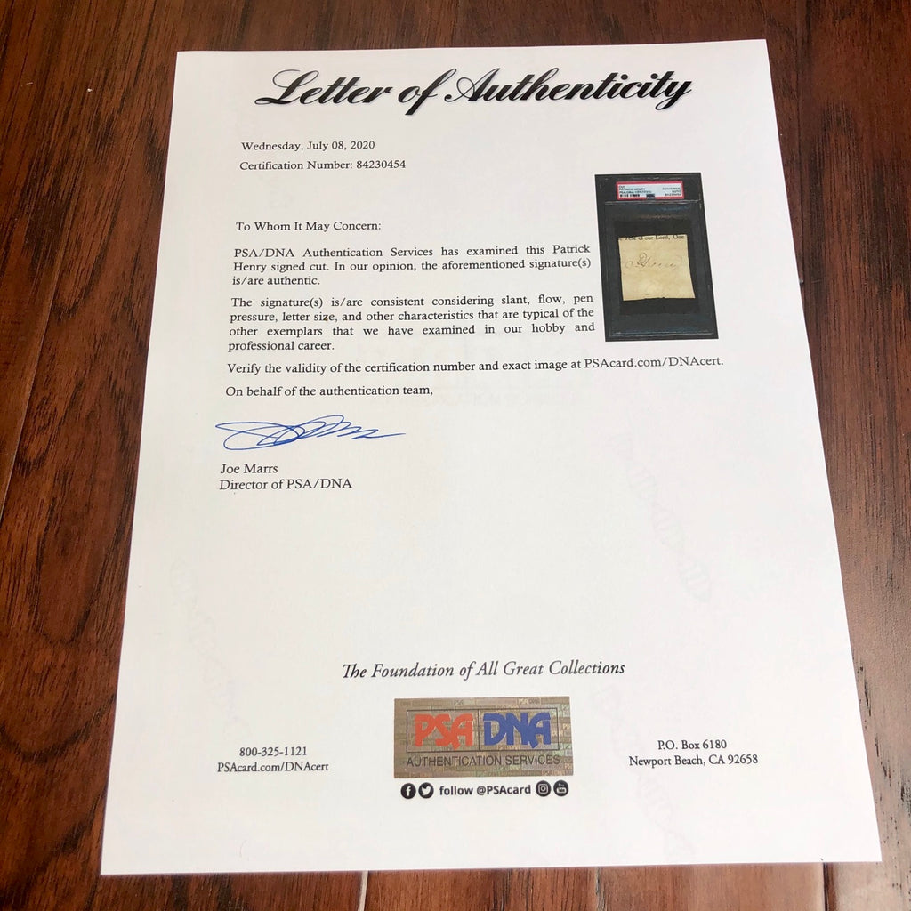 PATRICK HENRY * PSA/DNA * Encapsulated Autograph Cut From Land Grant Signed *