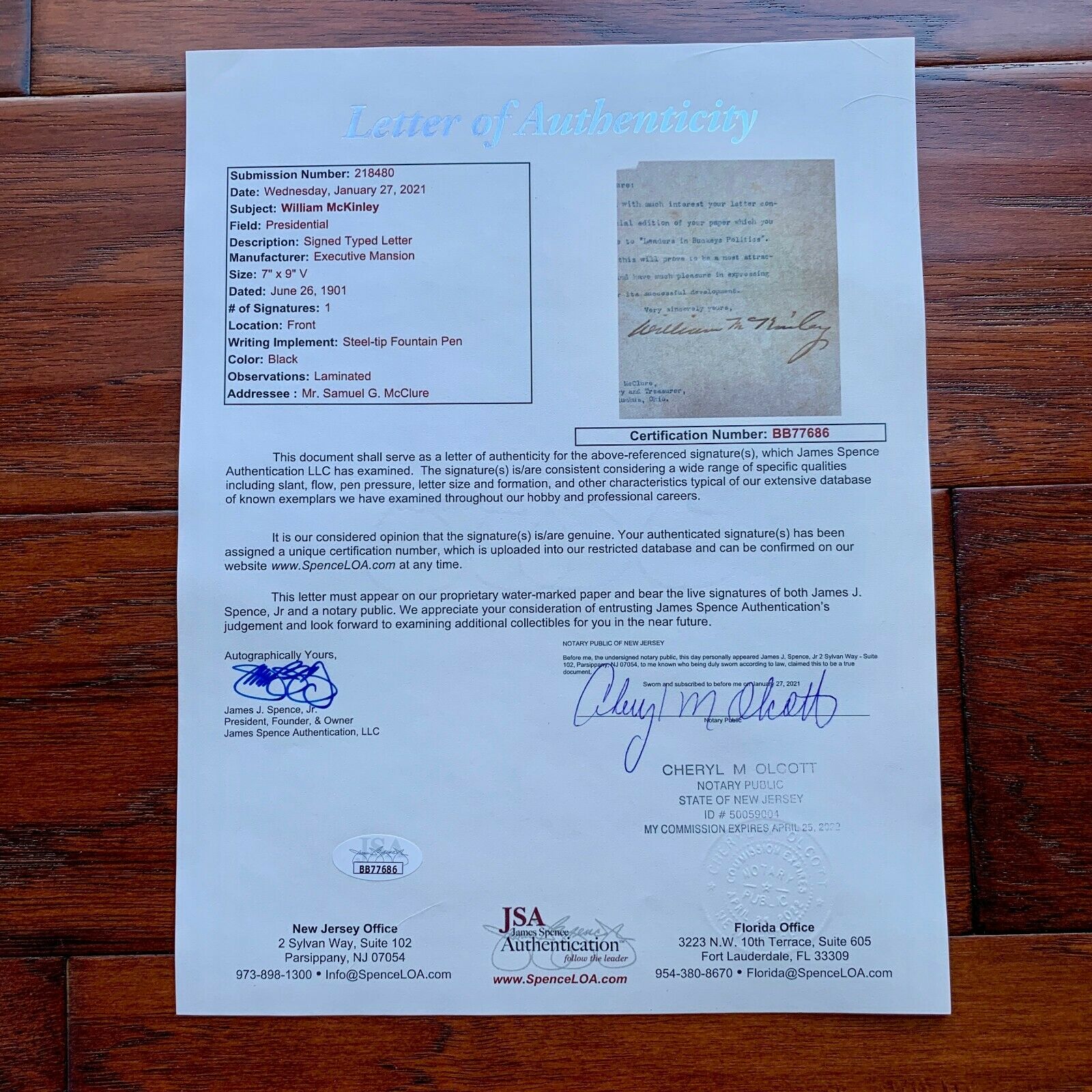WILLIAM McKINLEY * JSA * AS PRESIDENT Executive Mansion AUTOGRAPH Letter SIGNED