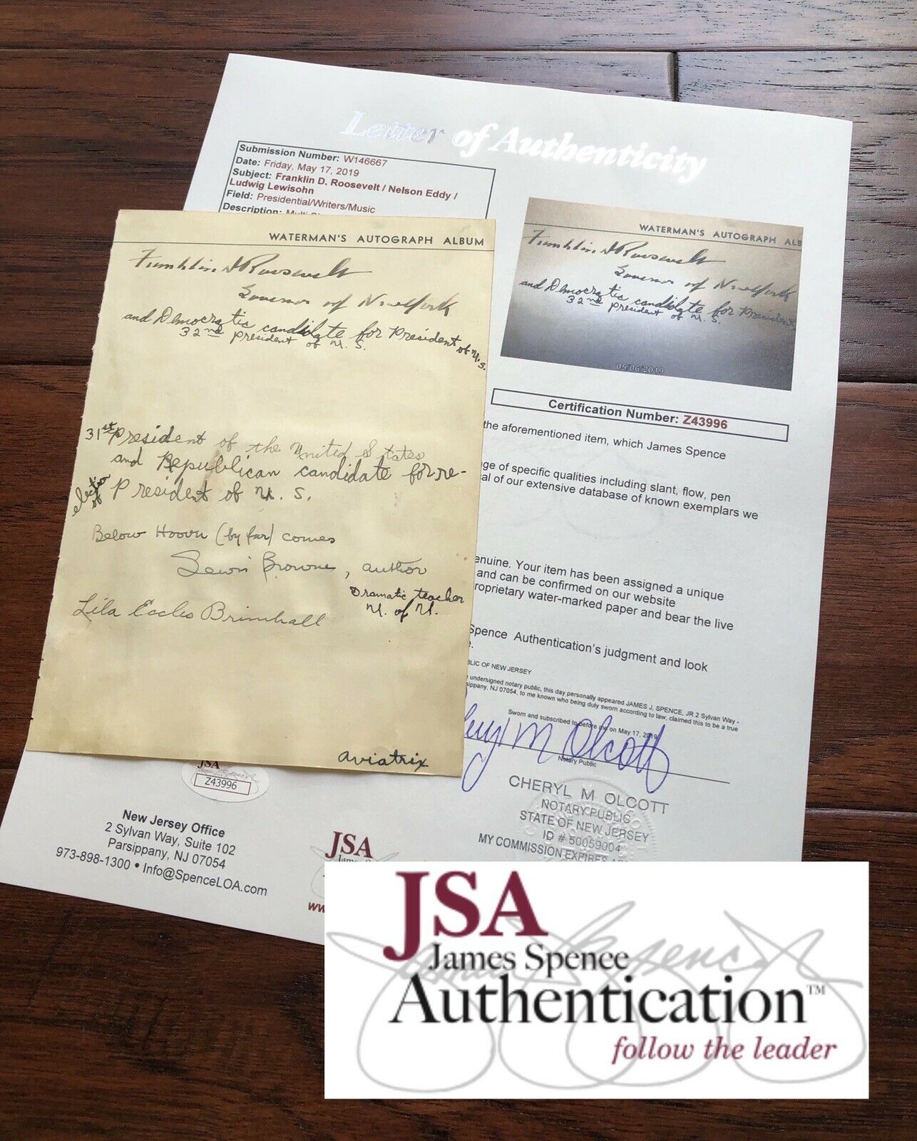 FRANKLIN D. ROOSEVELT * JSA LOA * Waterman's Autograph Album Signed Page *