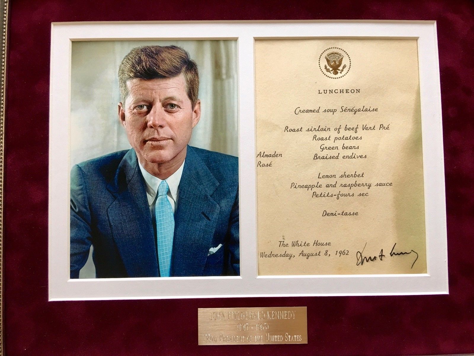 JOHN F. KENNEDY * AUTOGRAPH as PRESIDENT * White House Menu SIGNED * JFK 1962