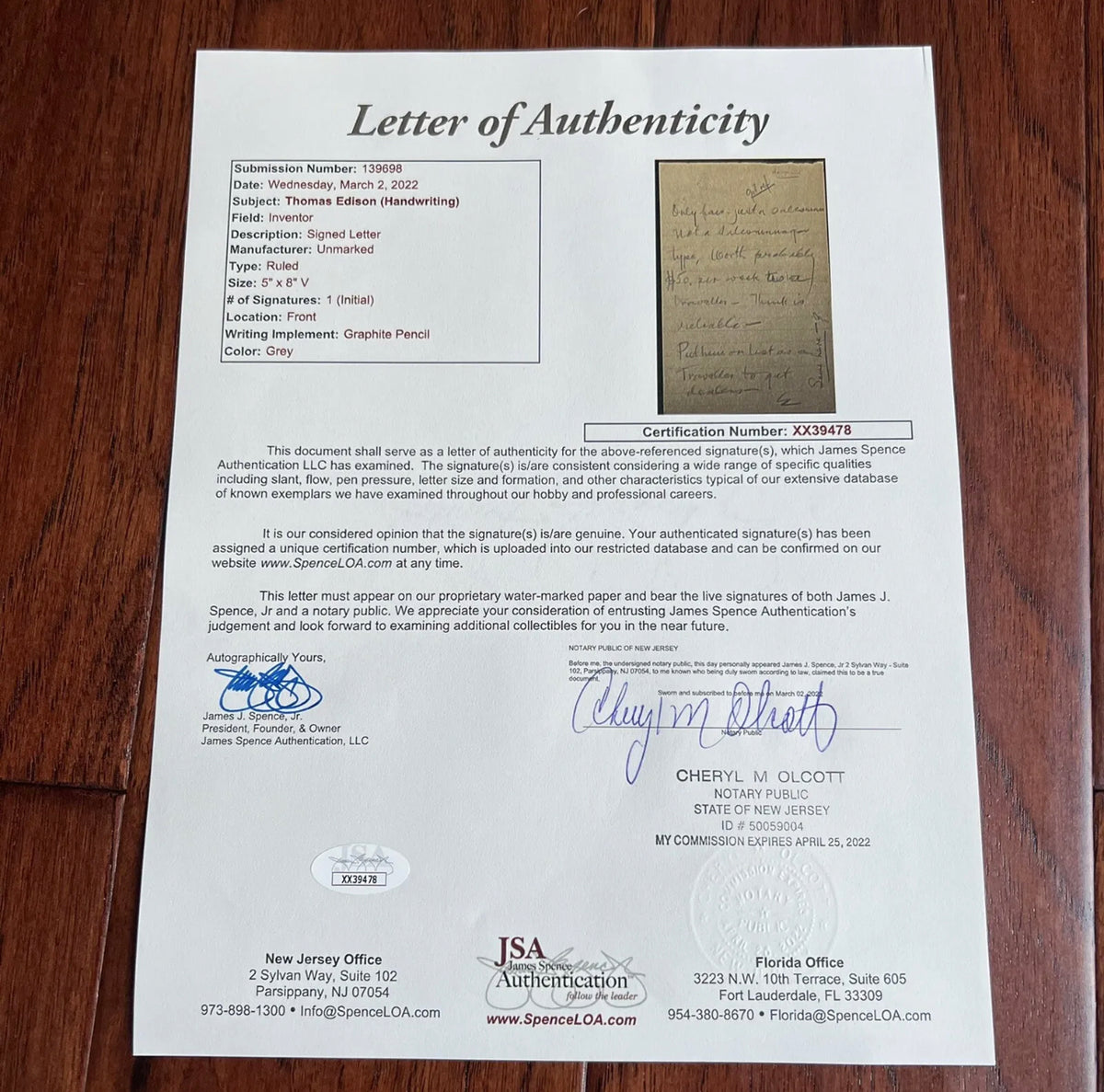 THOMAS EDISON * JSA LOA * Handwritten Autograph Letter Signed Hiring Salesman