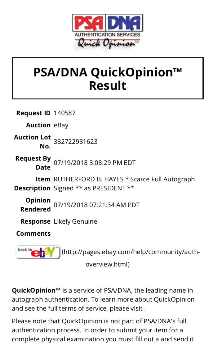 RUTHERFORD B. HAYES * PSA/DNA * Scarce Full Autograph Signed ** as PRESIDENT **