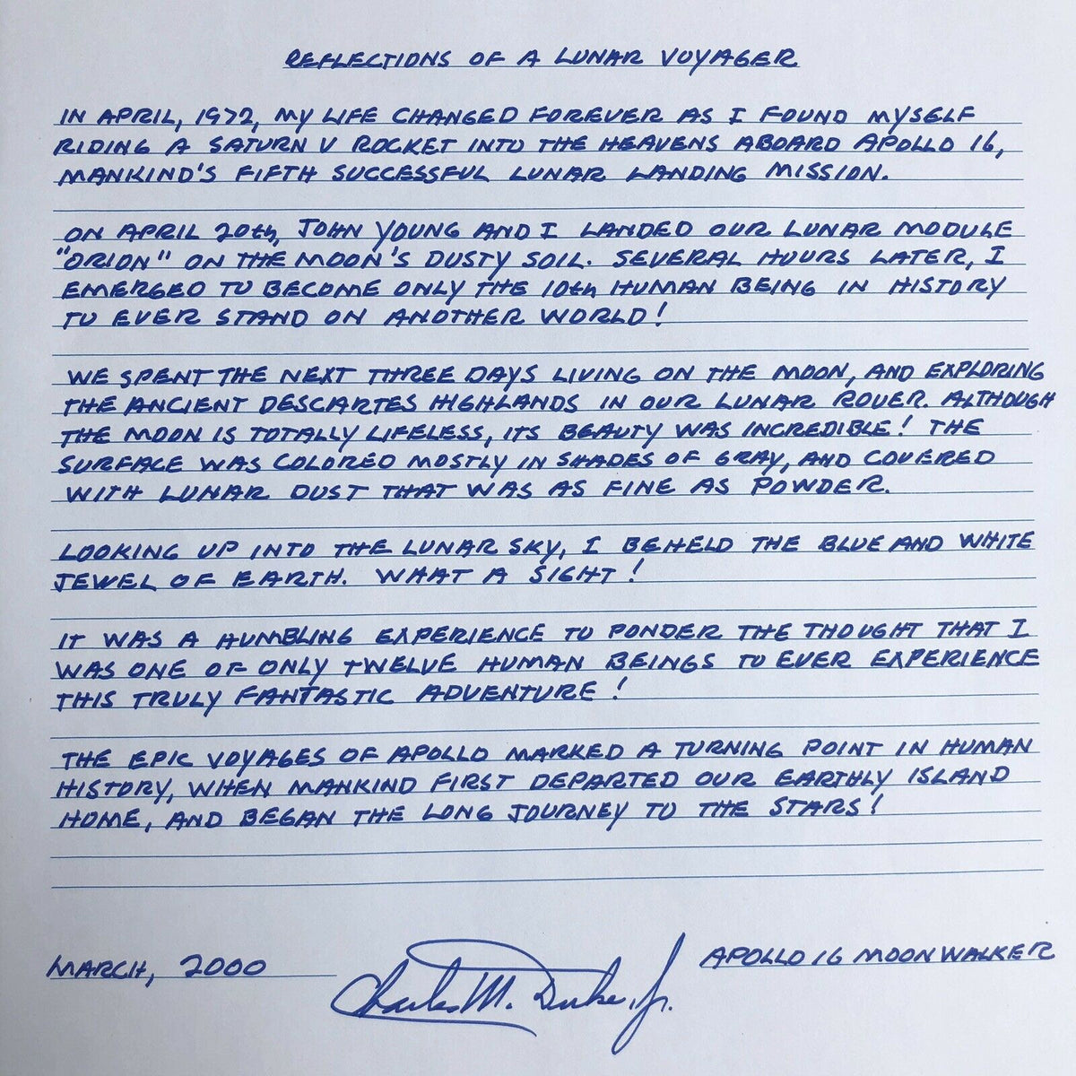 CHARLIE DUKE * JSA LOA * Lunar Voyager Autograph Letter Signed * Apollo 16