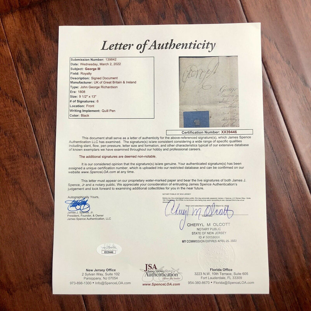 KING GEORGE III * JSA LOA * Hand Signed Military Appointment Autograph *