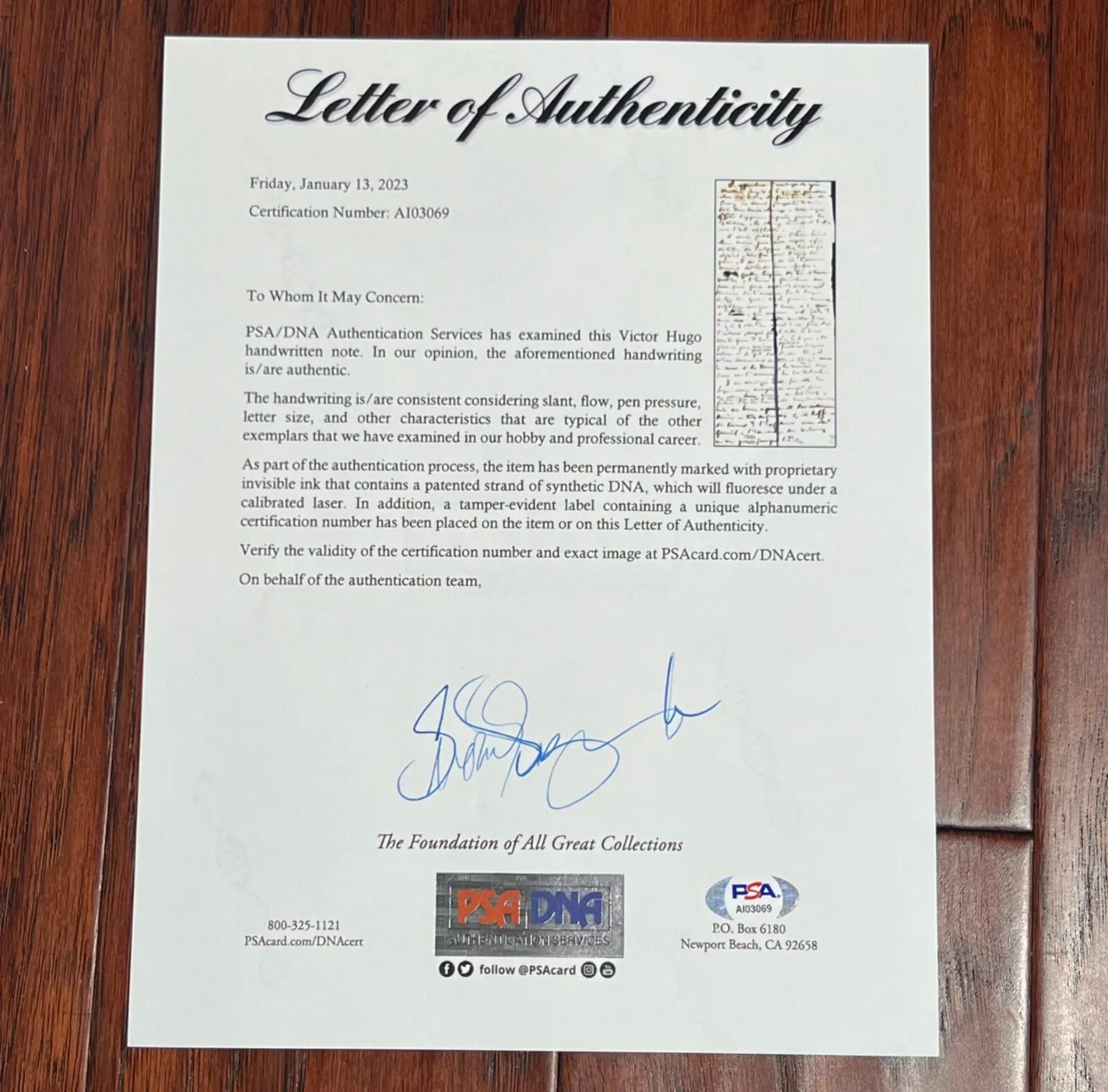 VICTOR HUGO * PSA/DNA * “LES MISERABLES” Handwritten Autograph Draft Not Signed