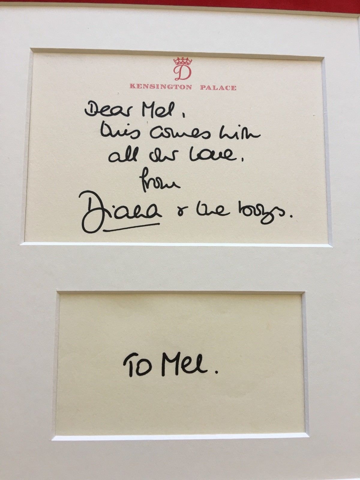 DIANA * Princess of Wales * KENSINGTON Autograph "love DIANA + THE BOYS" Signed
