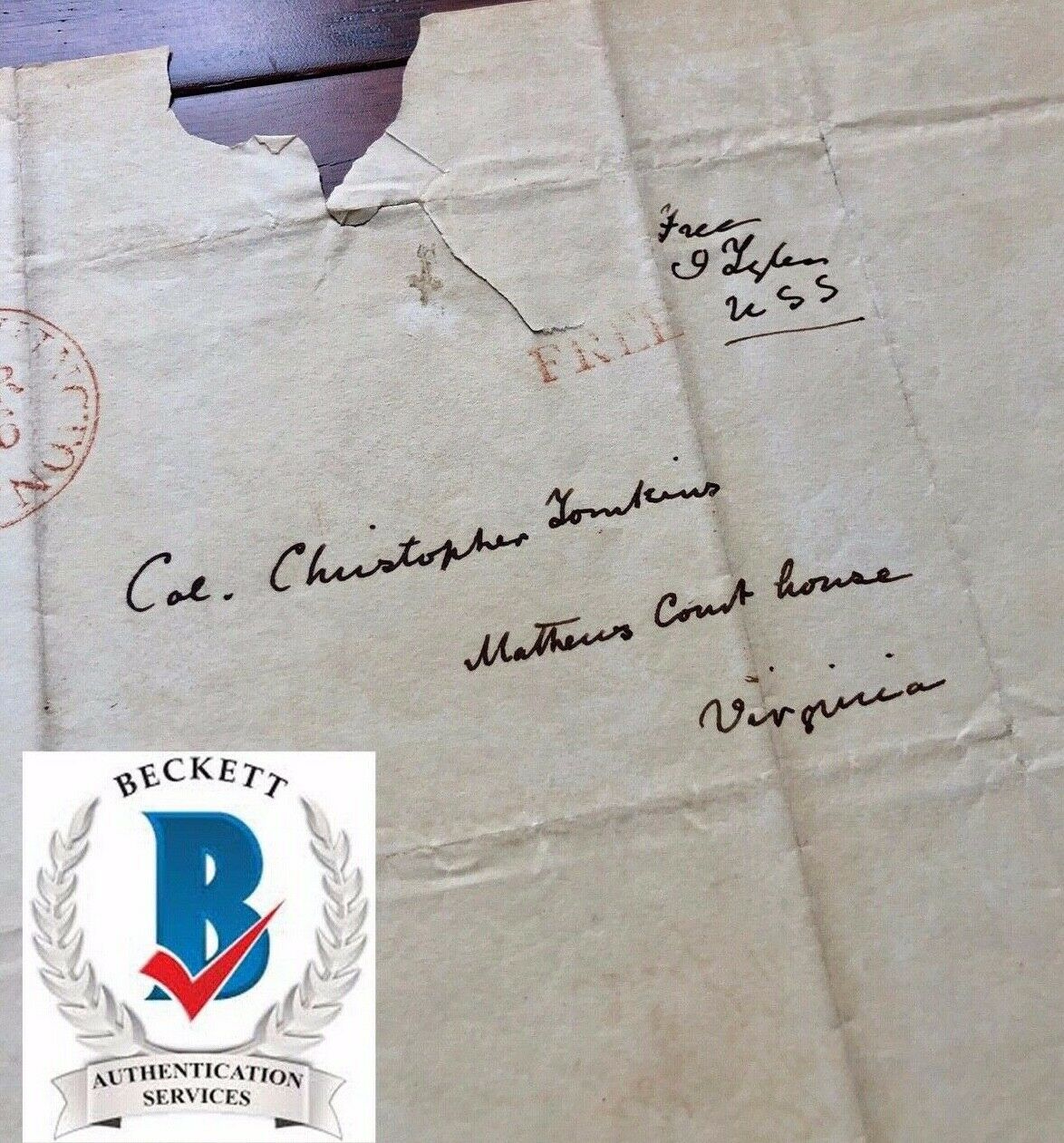 JOHN TYLER * BECKETT BAS * Handwritten FREE FRANK Autograph Panel Signed