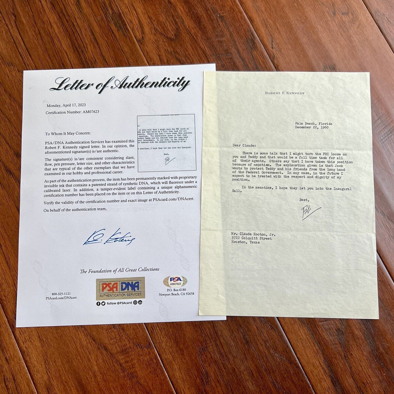 ROBERT F KENNEDY * PSA * Signed Autograph Re: Nepotism and Turning the FBI Loose