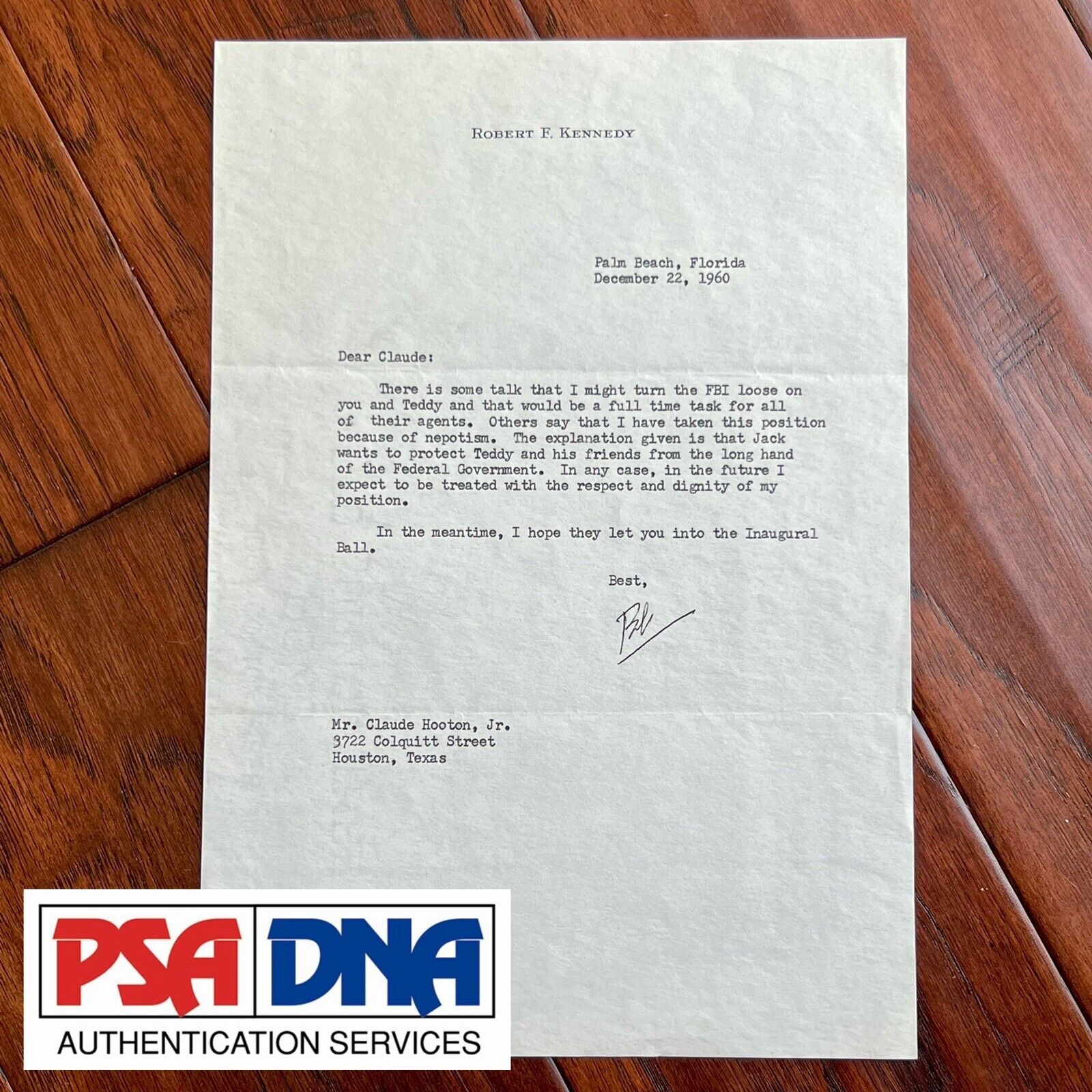 ROBERT F KENNEDY * PSA * Signed Autograph Re: Nepotism and Turning the FBI Loose