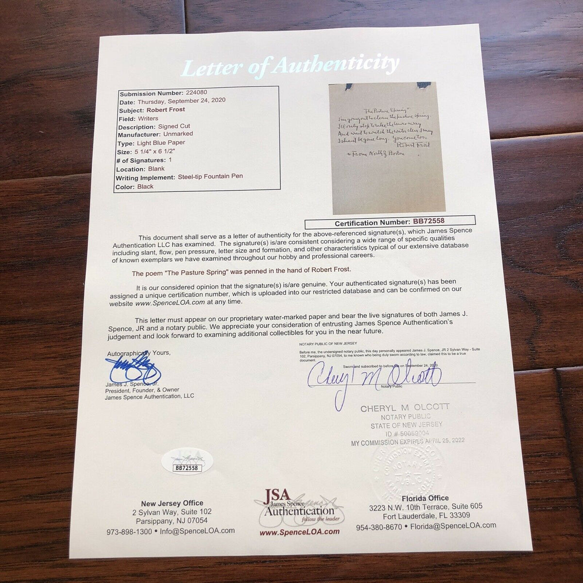 ROBERT FROST * JSA LOA * Handwritten Autograph Poem Signed "The Pasture Spring"