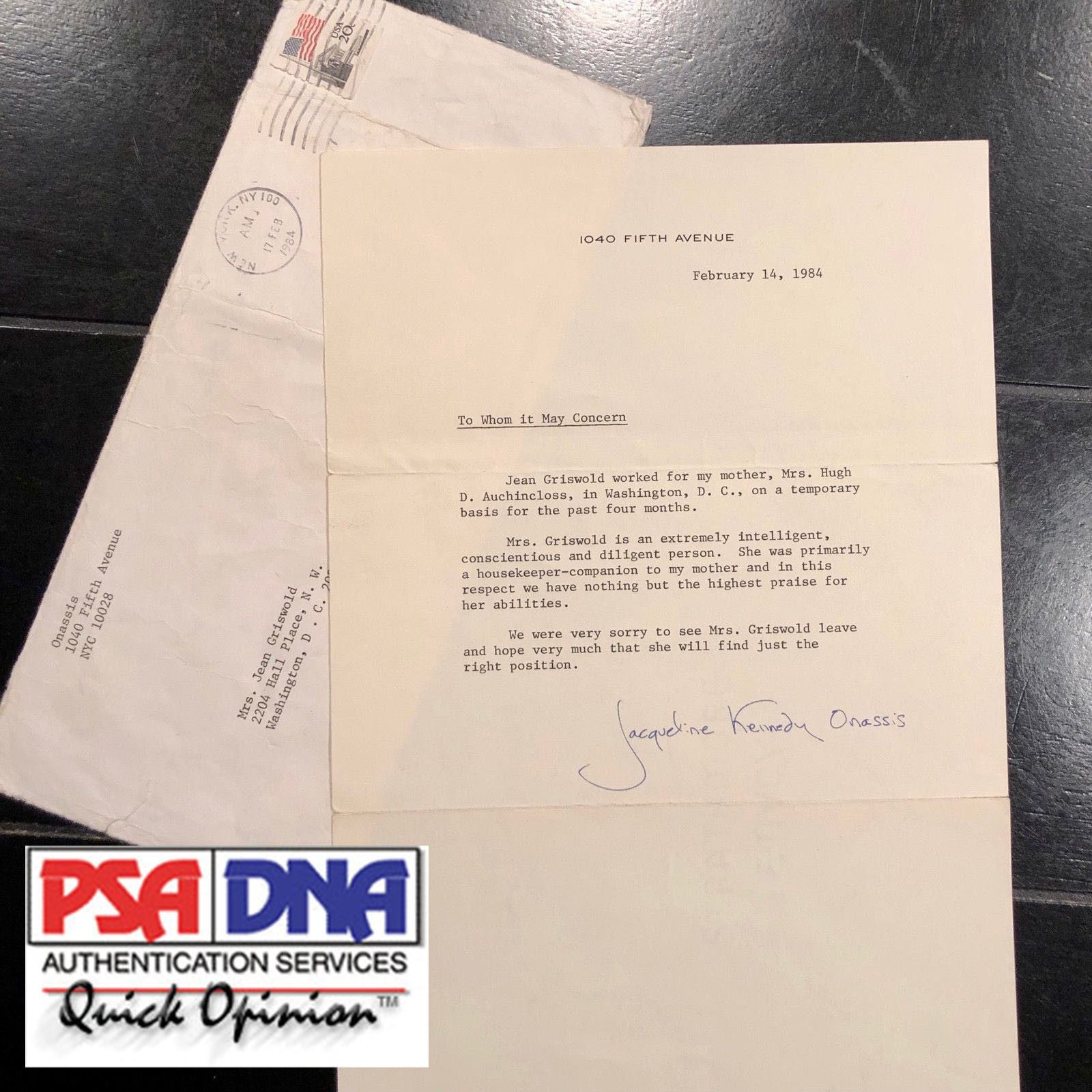 JACQUELINE KENNEDY * PSA/DNA AUTOGRAPH reference note SIGNED for Mom's Caretaker
