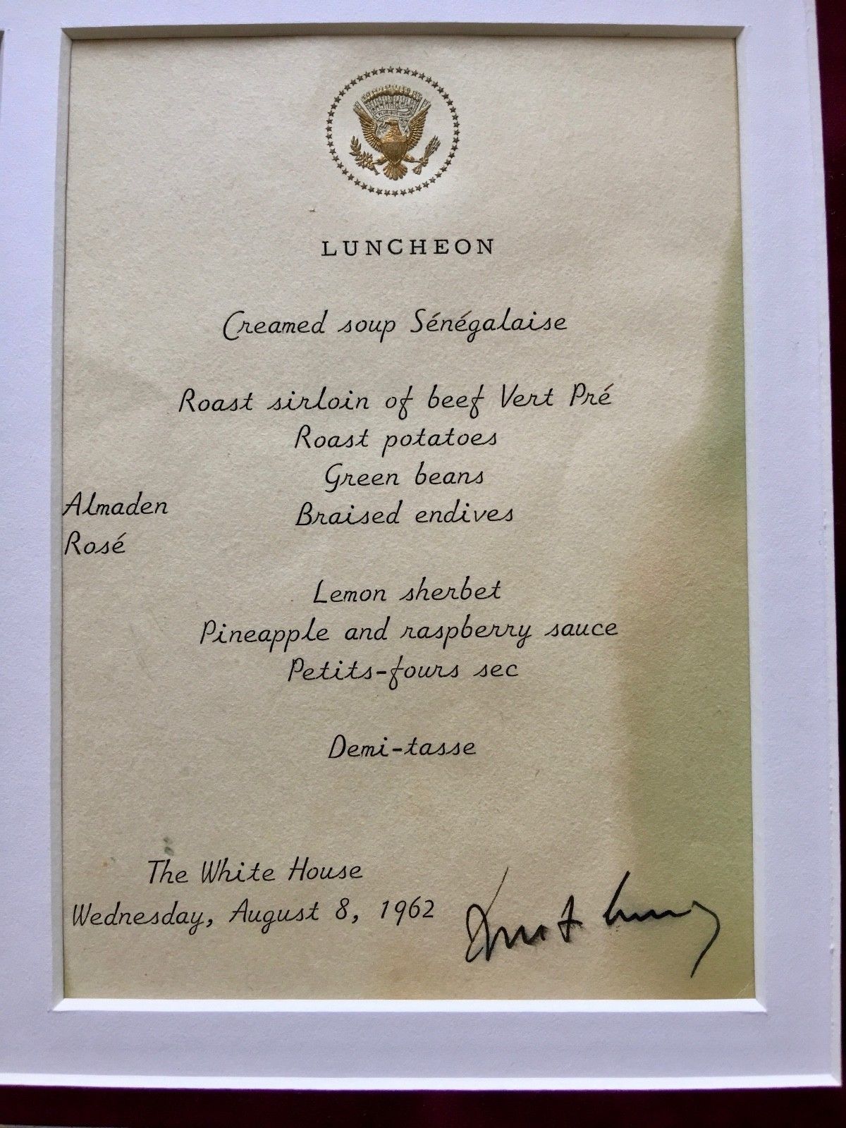 JOHN F. KENNEDY * AUTOGRAPH as PRESIDENT * White House Menu SIGNED * JFK 1962