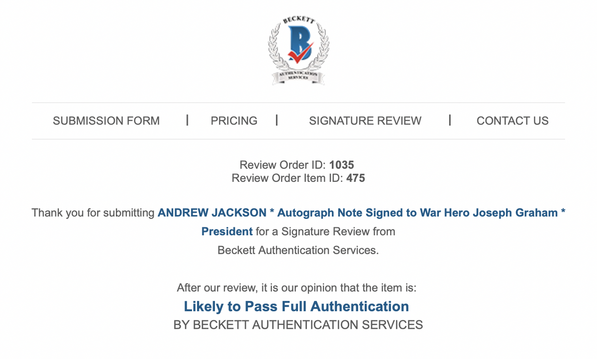 ANDREW JACKSON * Autograph Note Signed to War Hero Joseph Graham * President