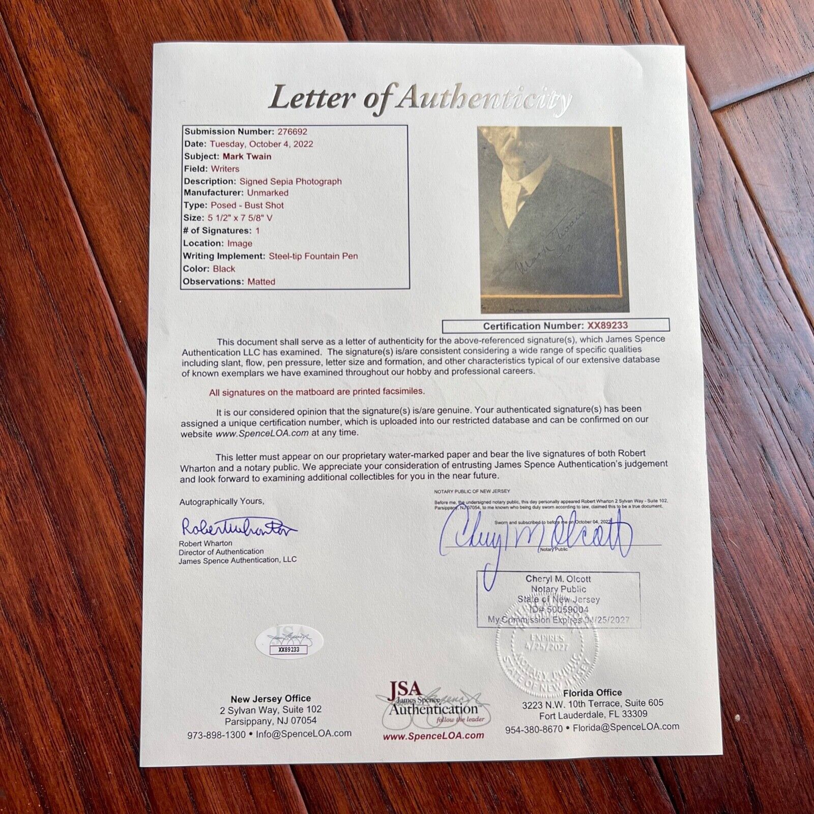 MARK TWAIN / SAMUEL L. CLEMENS * JSA * Autograph 'Savage Club' Photo Signed