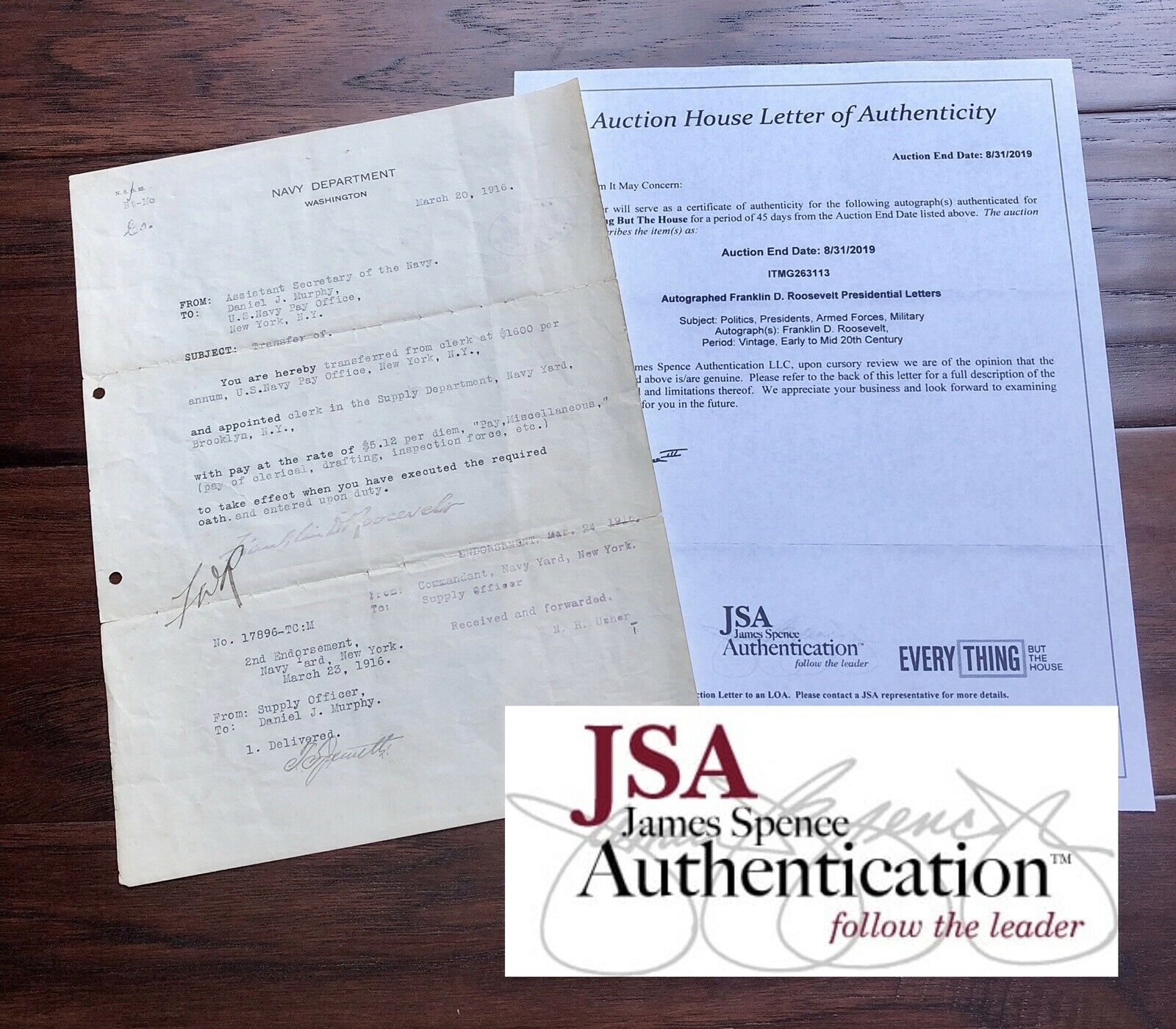 FRANKLIN D. ROOSEVELT * JSA LOA * Hand Signed Navy Document Autograph * FDR
