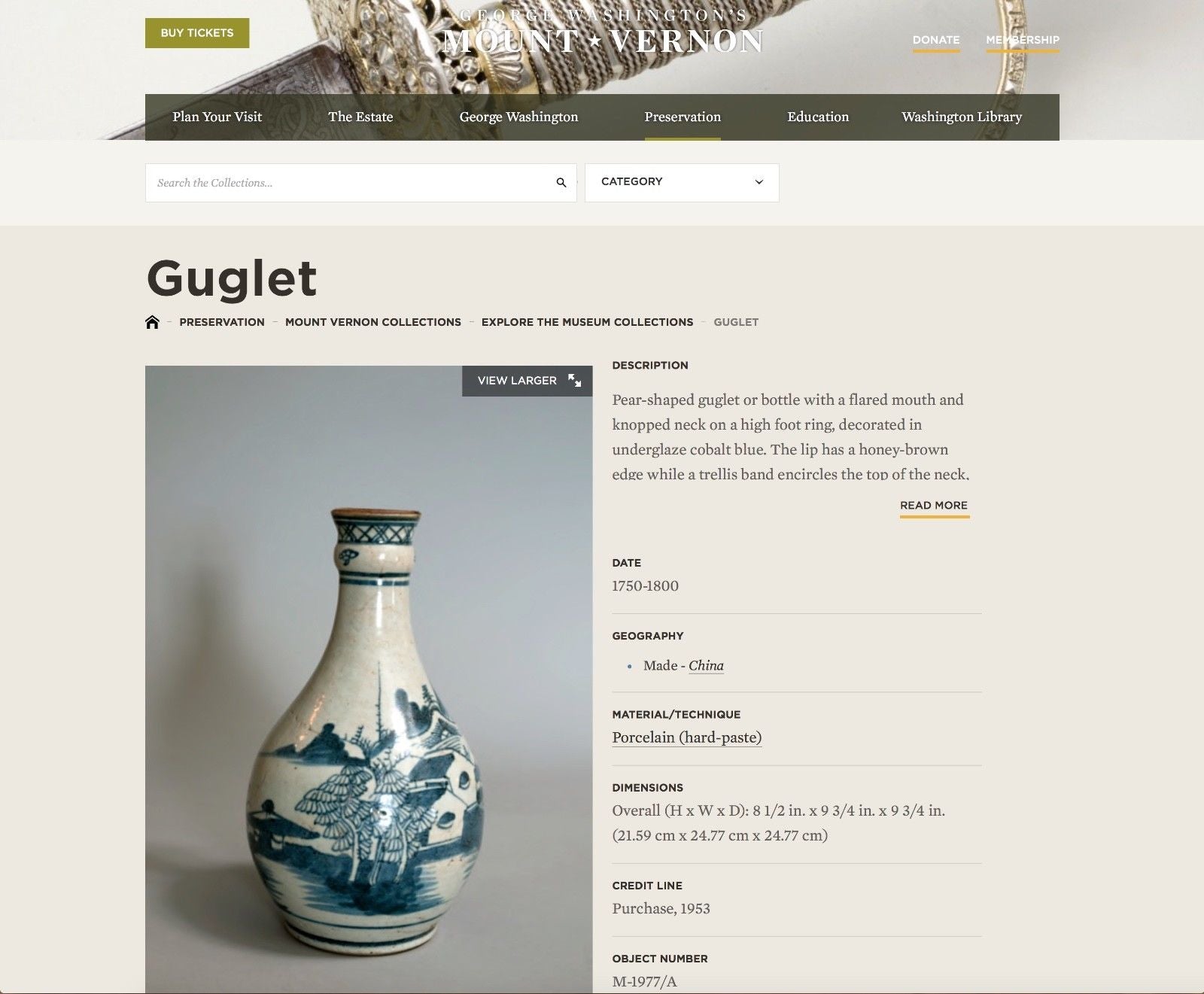 GEORGE WASHINGTON * Personally Owned & Used MOUNT VERNON Guglet Vase From SLAVE