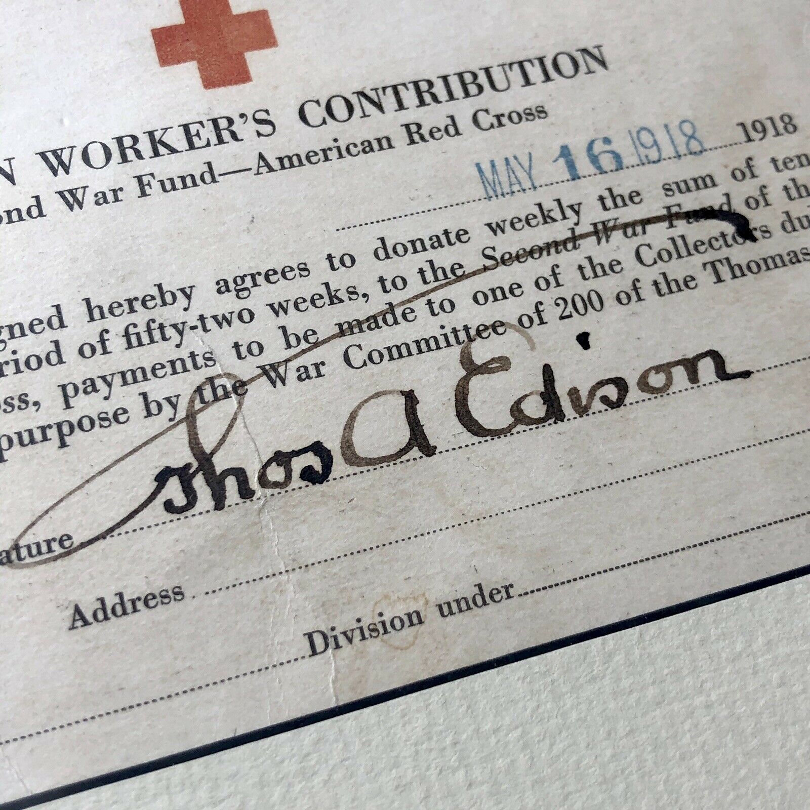 THOMAS EDISON * JSA LOA * Hand Signed Autograph Red Cross WWI Fund Card *