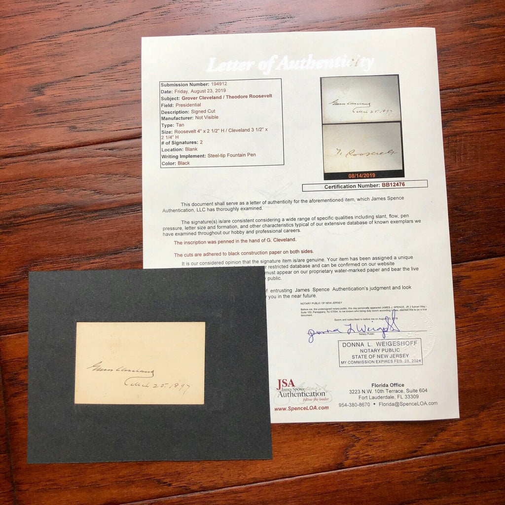 THEODORE ROOSEVELT + GROVER CLEVELAND Autograph Cards * JSA COA