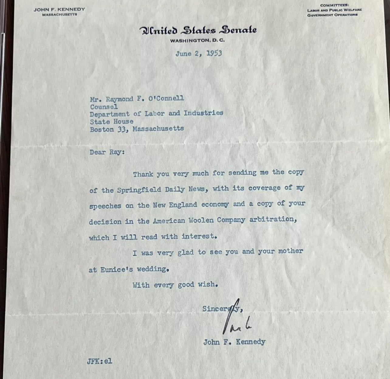 JOHN F. KENNEDY * PSA * Autograph Letter Signed 1953 Signature Jack JFK