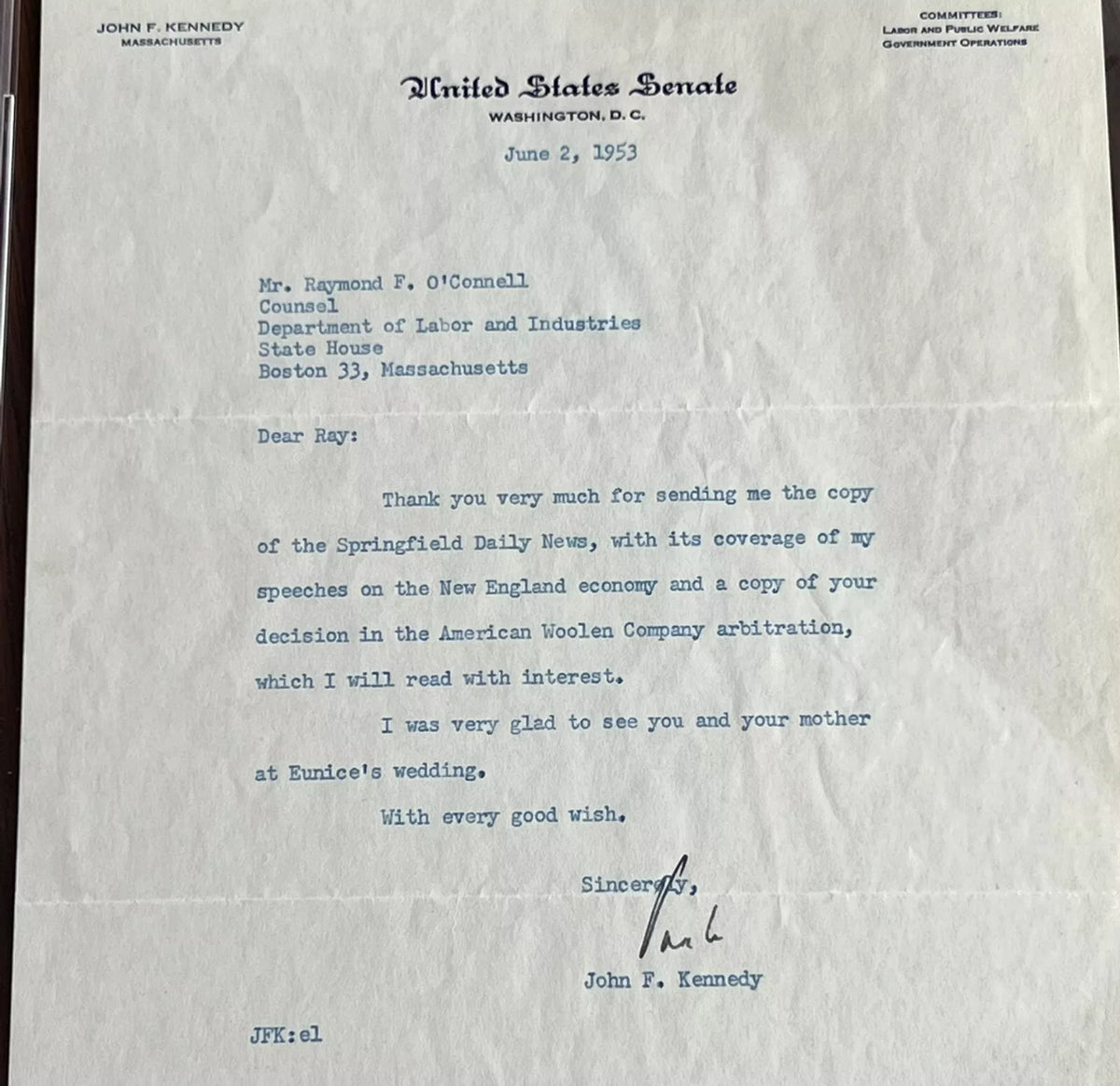 JOHN F. KENNEDY * PSA * Autograph Letter Signed 1953 Signature Jack JFK