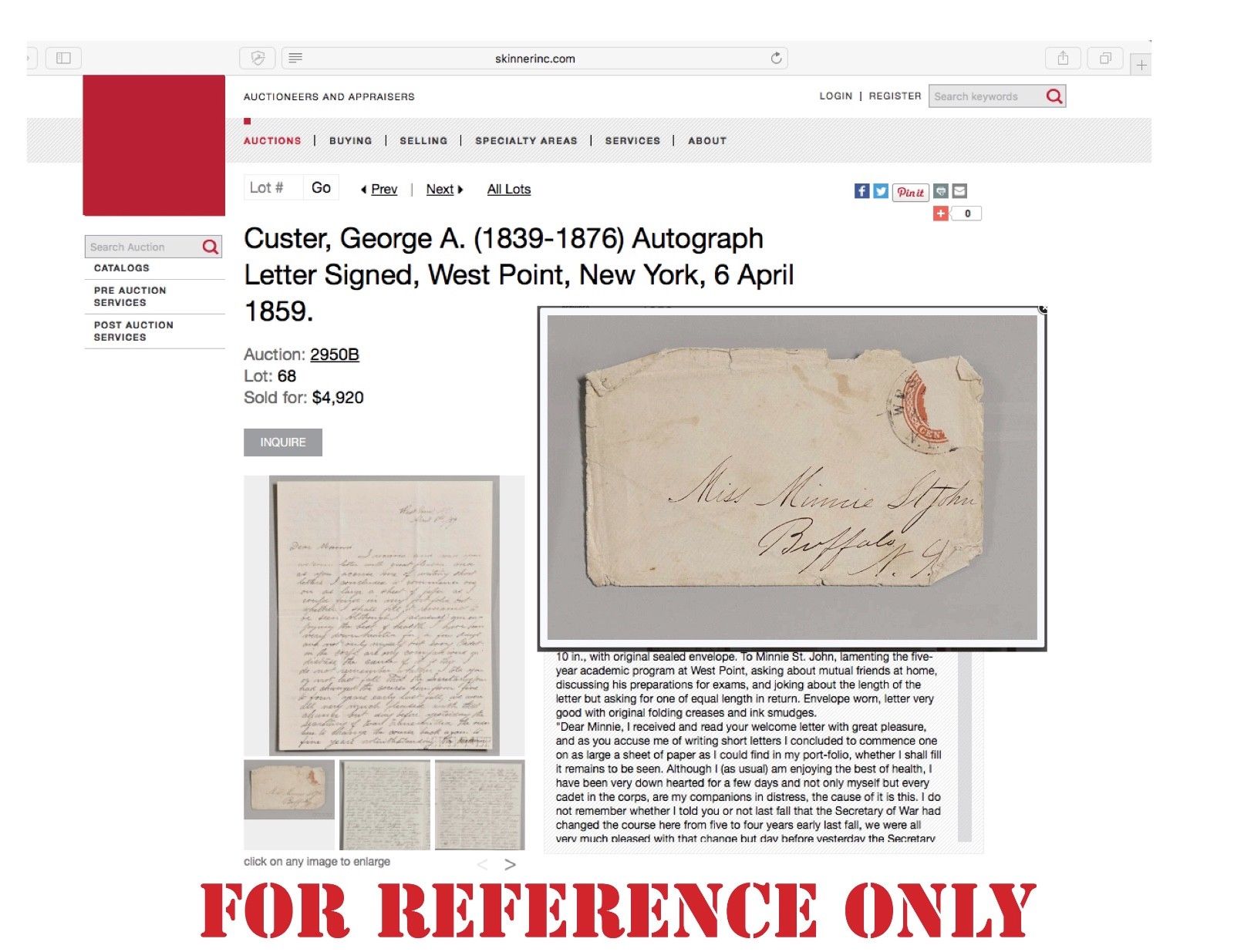 GEORGE CUSTER * Early Handwritten AUTOGRAPH Envelope Signed * Courting His Wife!