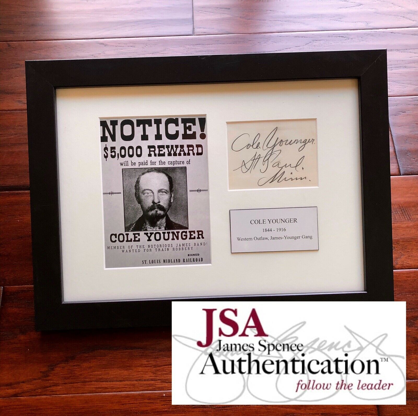 COLE YOUNGER * JSA LOA * Autograph Card Signed * Jesse James Gang Outlaw