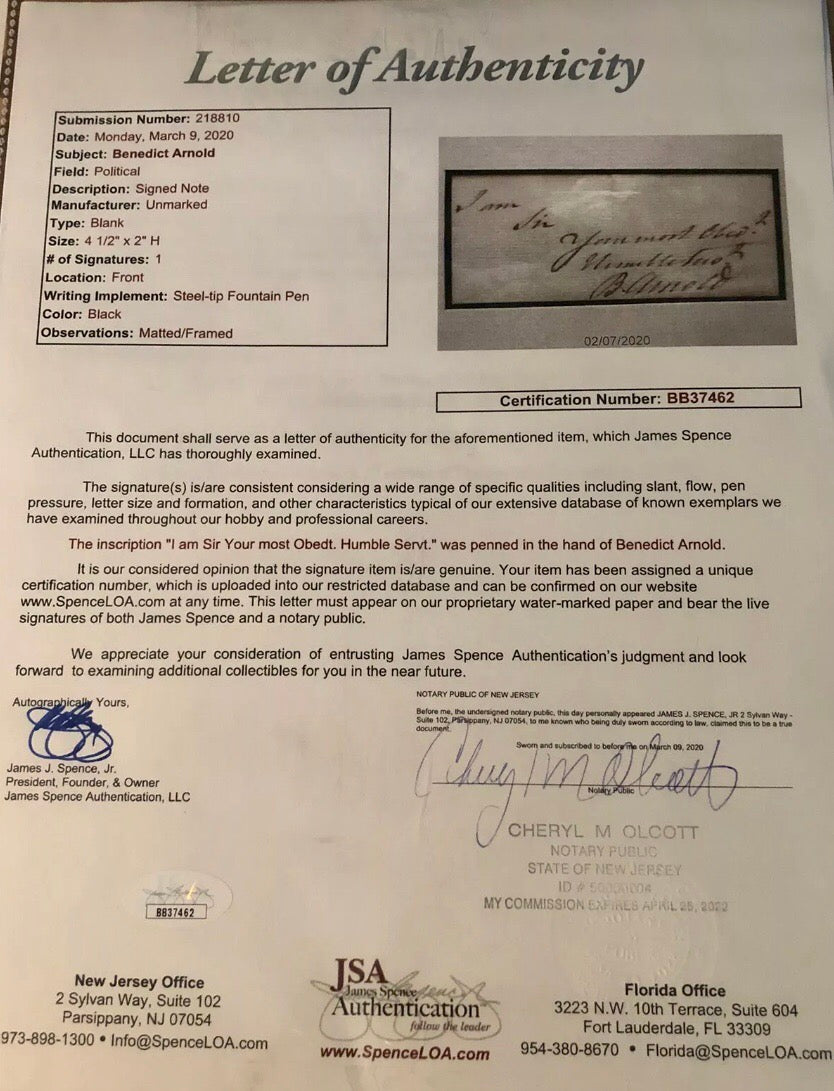 BENEDICT ARNOLD * AUTOGRAPH Note Signed * Revolutionary War TRAITOR * TREASON