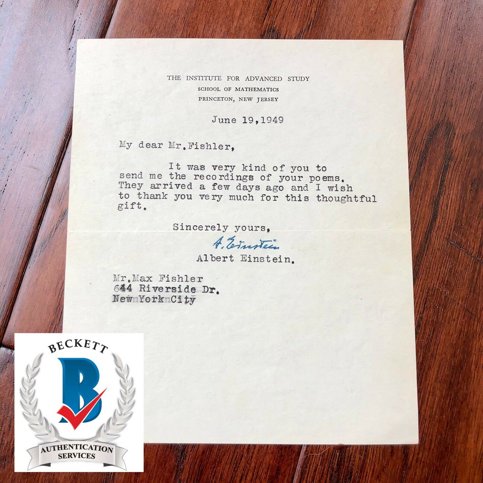 ALBERT EINSTEIN * Beckett BAS * Autograph Letter To Philosophy Author Signed *