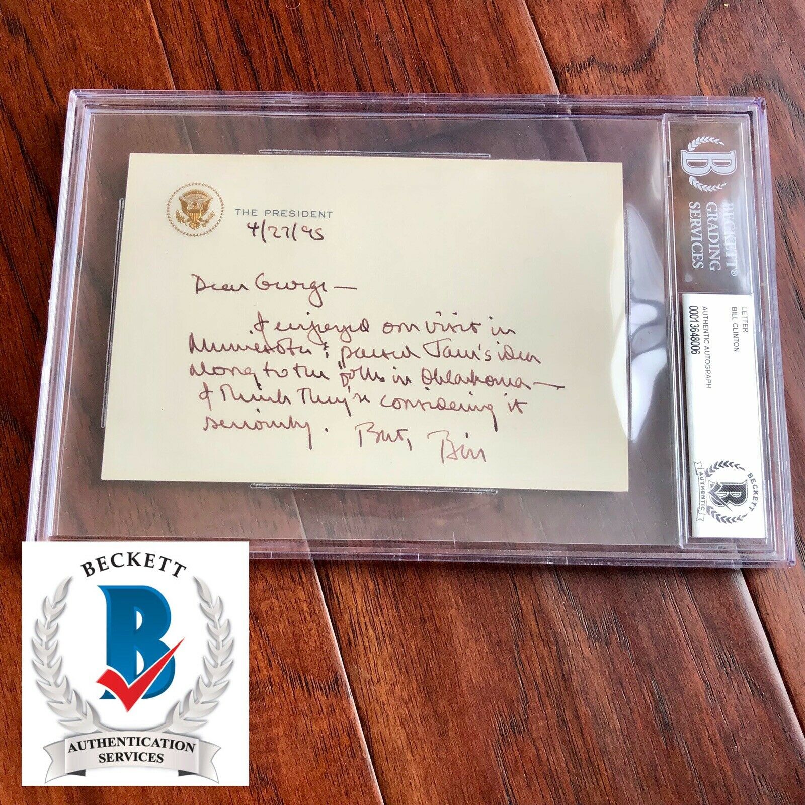 BILL CLINTON * Beckett BAS * Autograph Note As President Signed OK City Bombing