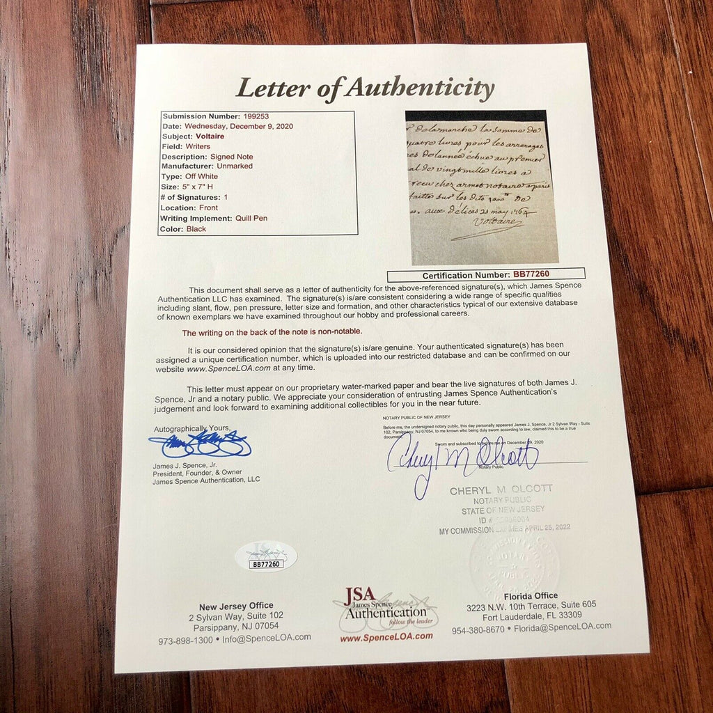 VOLTAIRE * JSA LOA * Autograph Handwritten Note Signed * François-Marie Arouet