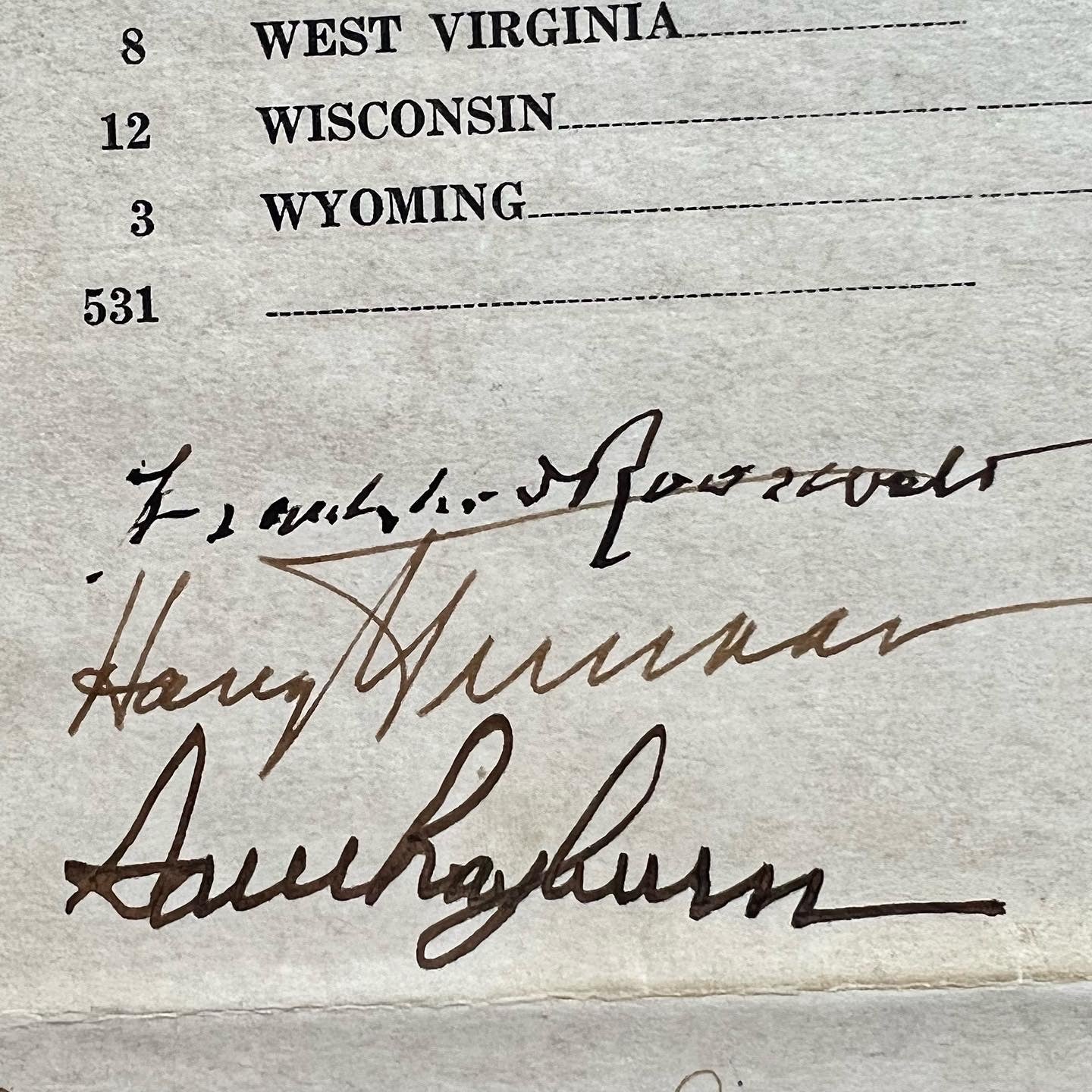 FRANKLIN D ROOSEVELT & HARRY TRUMAN * Signed Electoral Senate Vote Autograph JSA