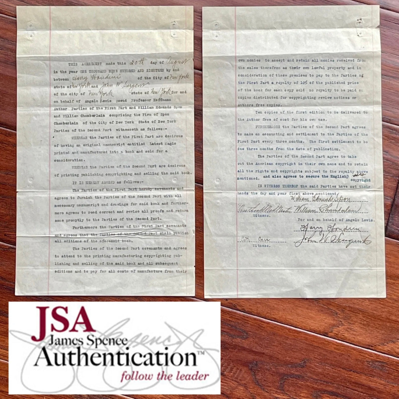 HARRY HOUDINI * JSA * Autograph MAGIC BOOK Contract Signed Document * Magician